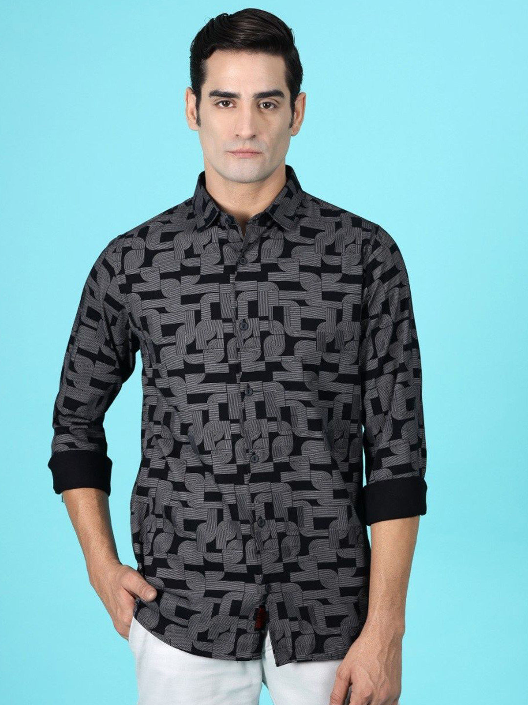 

Gavin Paris Men Original Spread Collar Geometric Printed Cotton Semiformal Shirt, Black