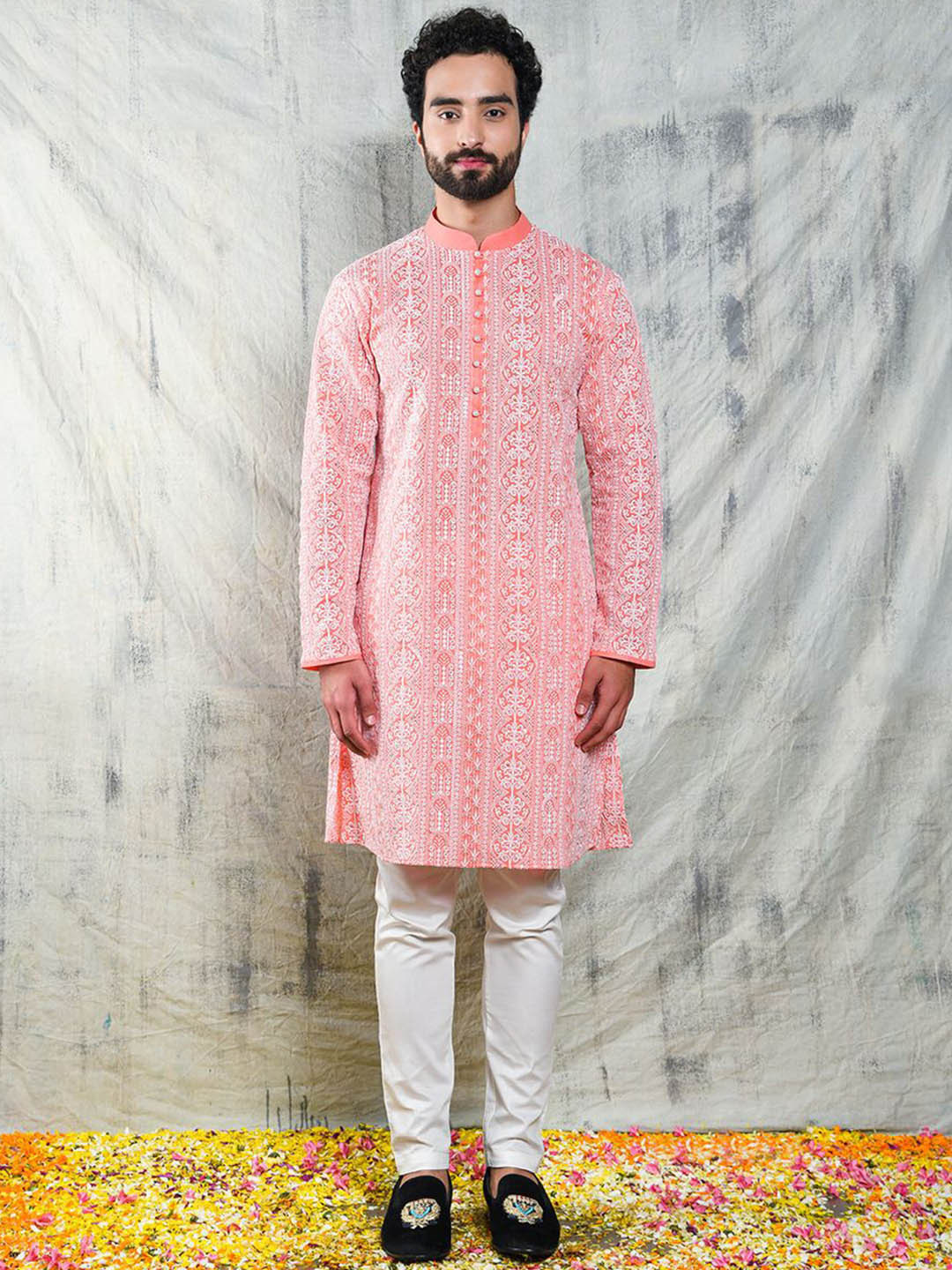 

Be Desi Ethnic Motifs Embroidered Thread Work Mandarin Collar Straight Kurta with Pyjamas, Pink