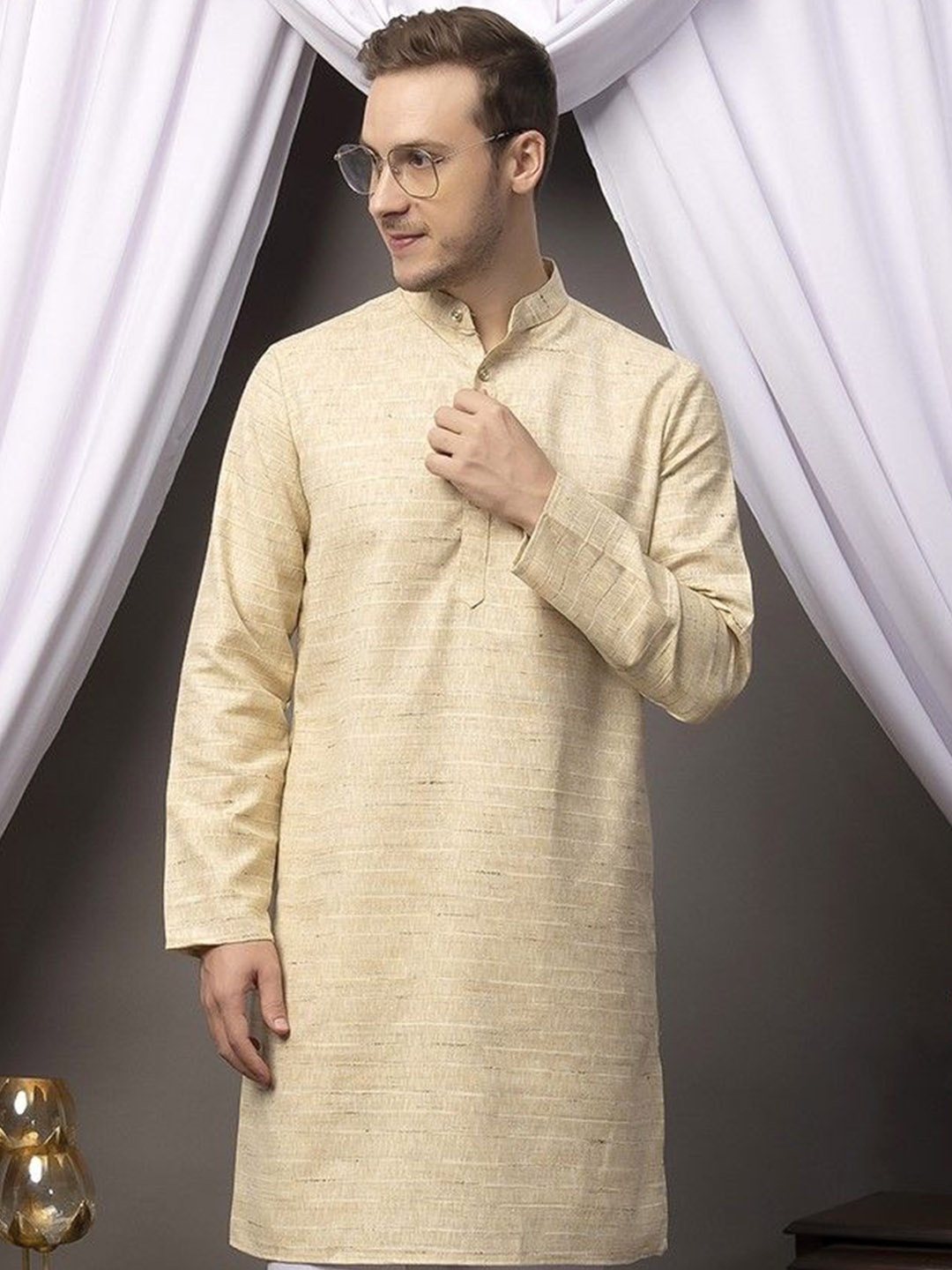 

Hangup Band Collar Khadi Straight Kurta, Beige