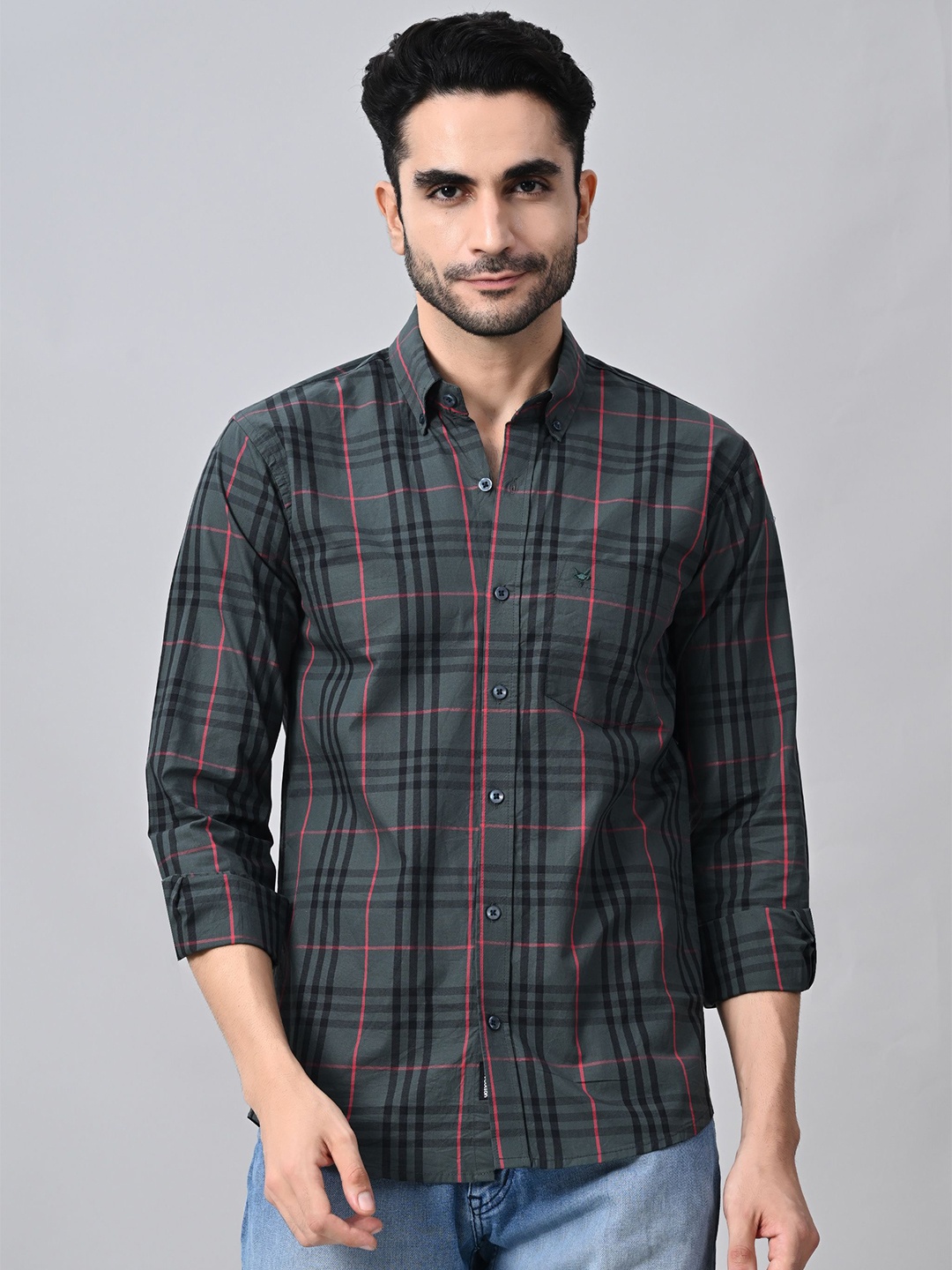 

STARFOX Men Comfort Button-Down Collar Tartan Checked Cotton Formal Shirt, Charcoal