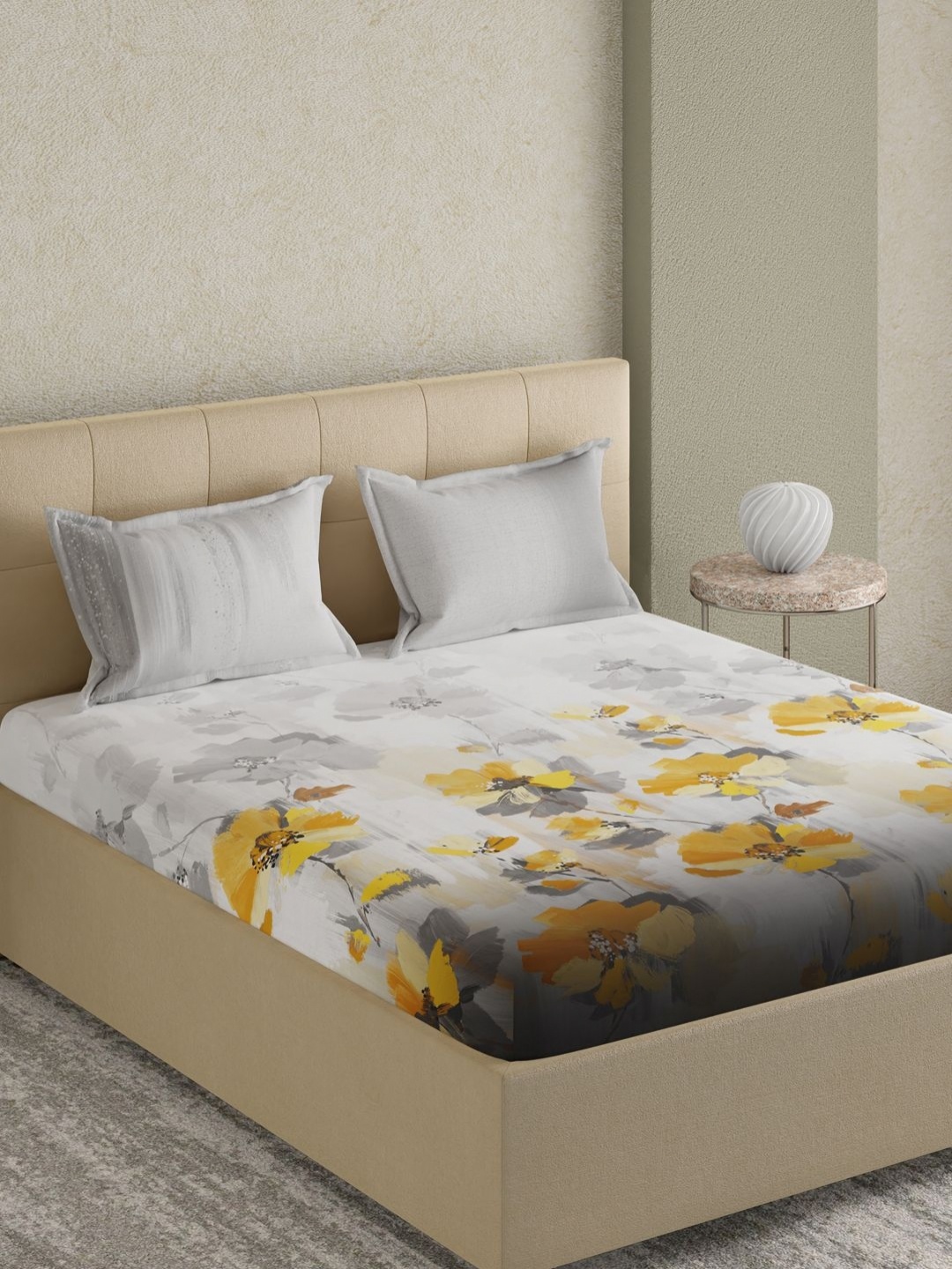 

GM Grey & Yellow Floral Printed Cotton 180 TC King Bedsheet with 2 Pillow Covers