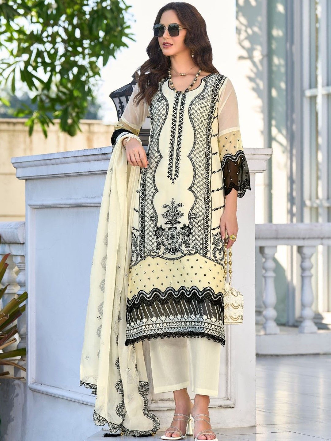 

AUTUMN LANE Embroidered Organza Regular Straight Kurta with Trousers & Dupatta, Beige