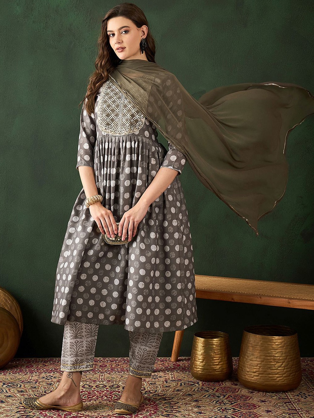 

Sangria Embroidered Mirror Work A-Line Kurta & Trouser With Dupatta, Grey