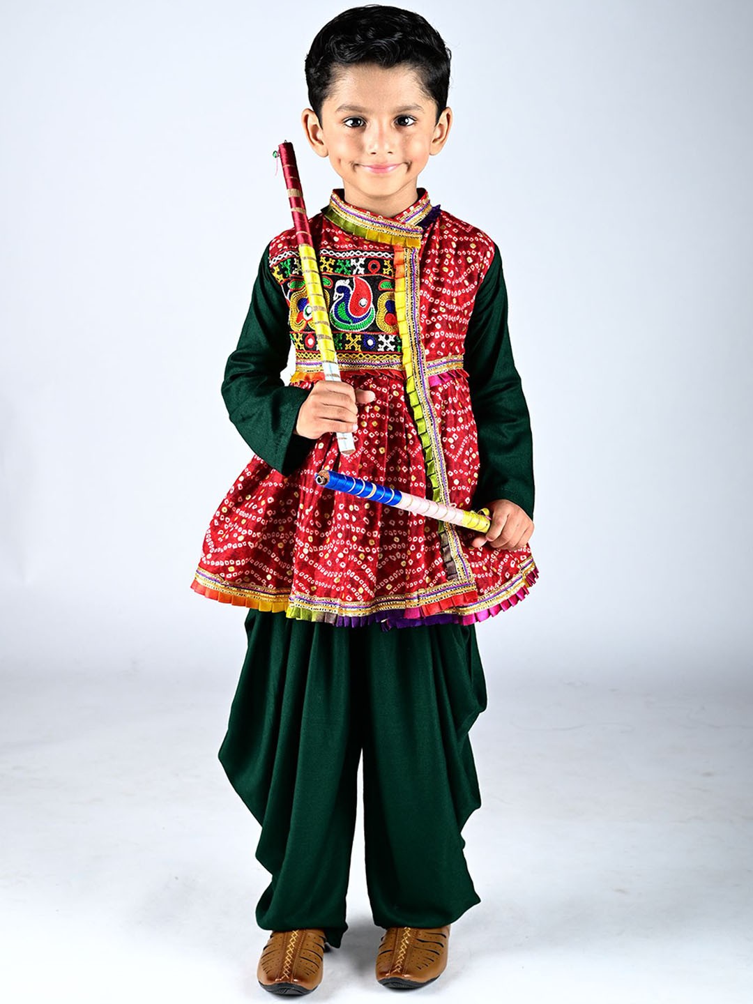 

AGLARE Boys Bandhani Printed Mirror Work Kurta with Dhoti Pants, Red