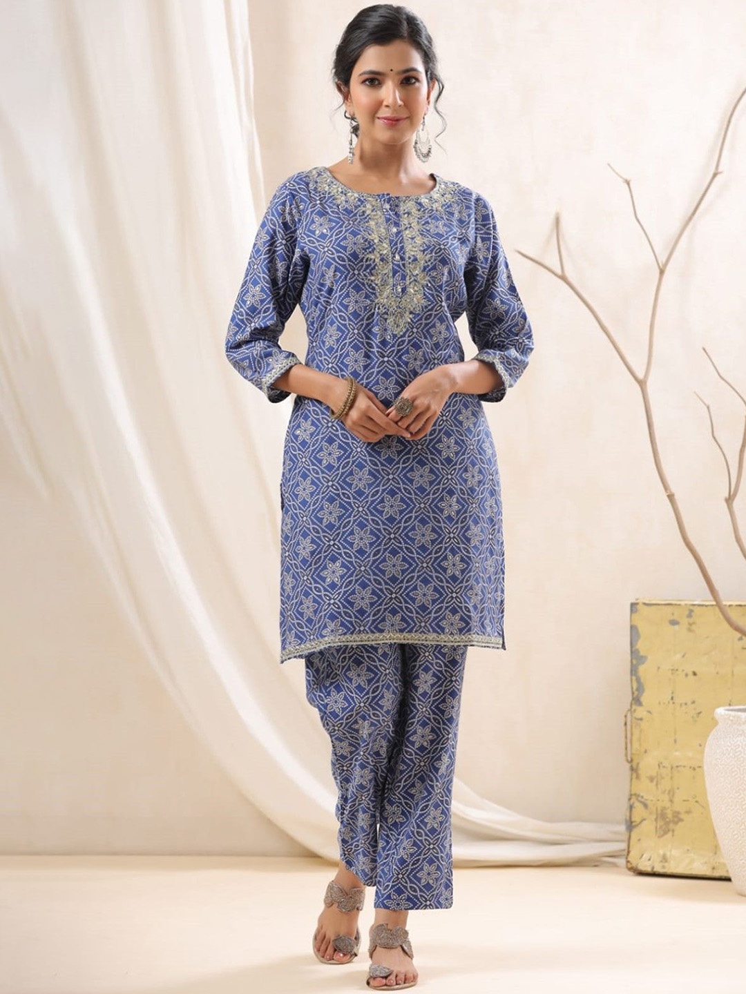 

AUTUMN LANE Ethnic Motifs Printed Straight Thread Work Pure Cotton Kurta with Trousers, Blue