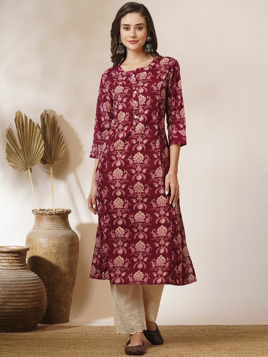 

FASHOR Floral Printed Cotton A-Line Kurta, Burgundy