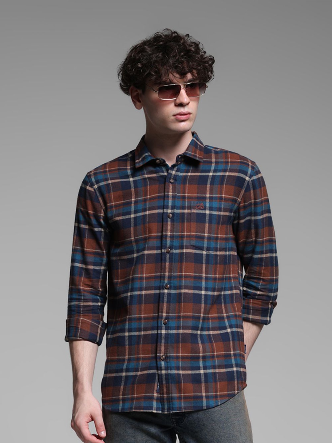 

Jack & Jones Men Spread Collar Tartan Checked Cotton Casual Shirt, Brown