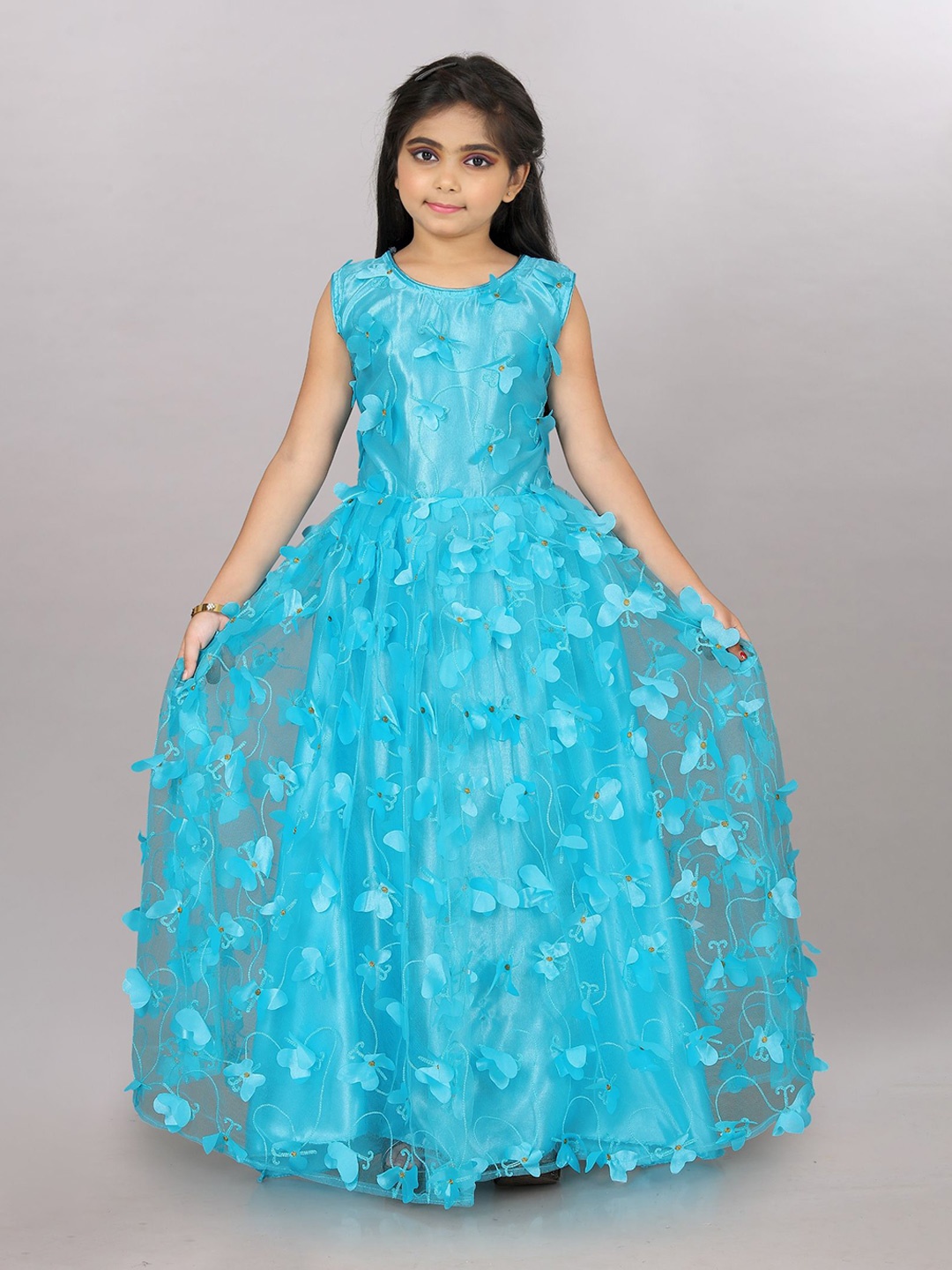 

LADY SHOPI Girls Floral Embroidered Net Maxi Dress, Turquoise blue