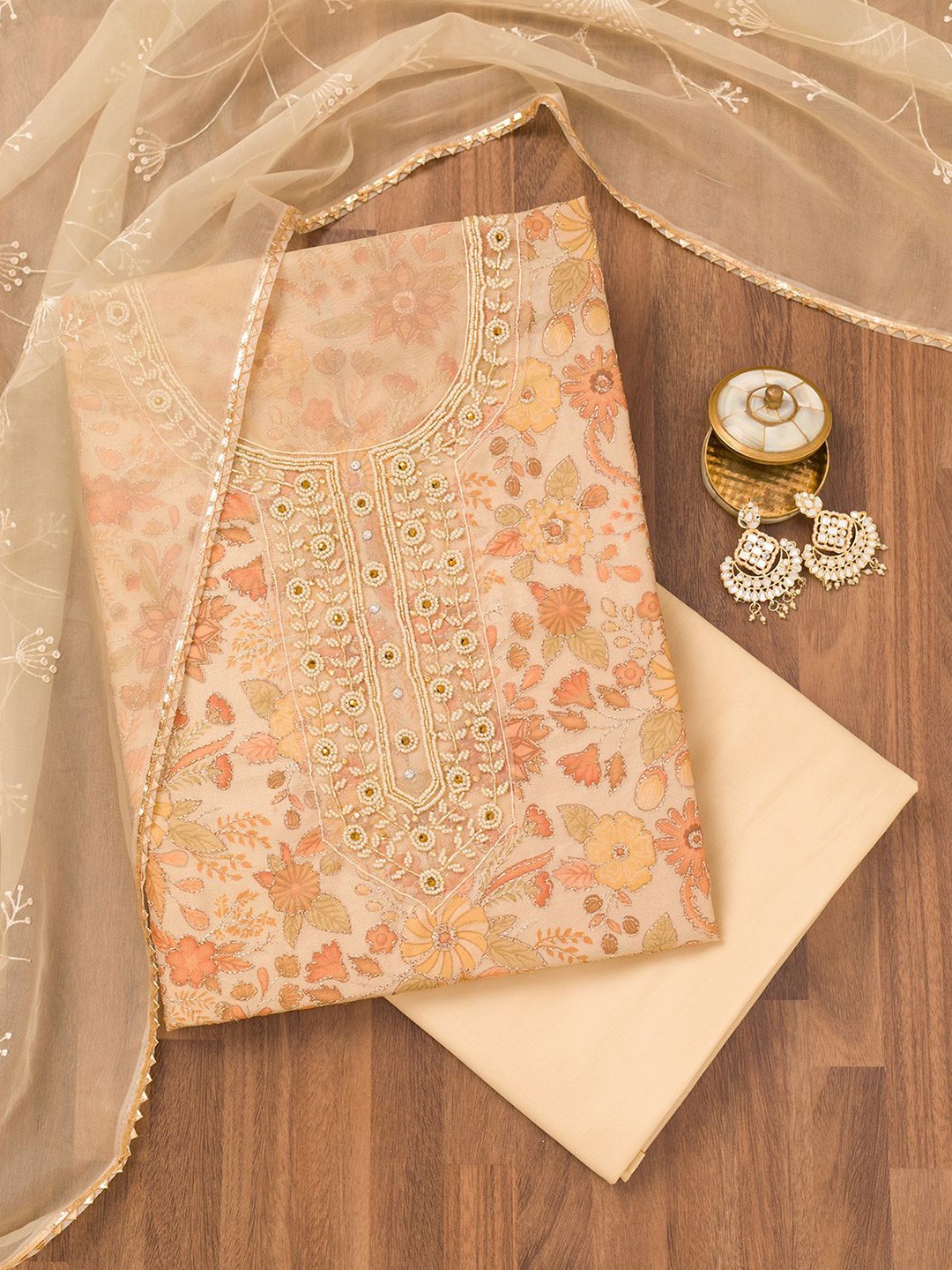 

Koskii Floral Printed Beads and Stones Unstitched Dress Material, White