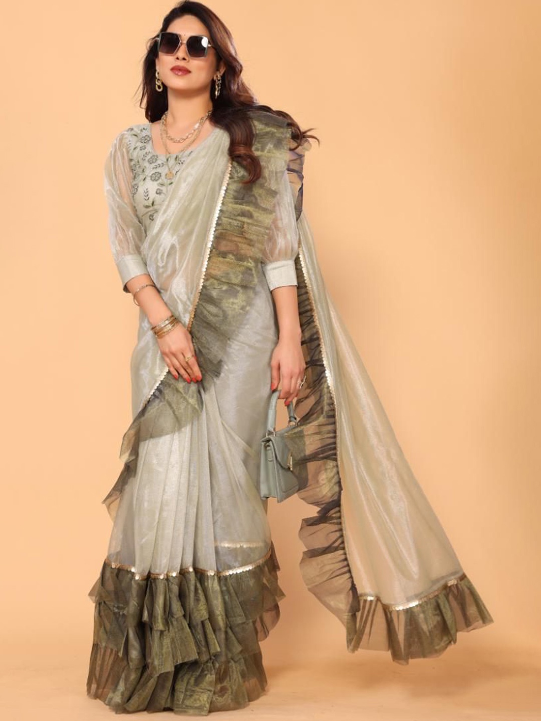 

PATLANI STYLE Solid Embroidered Ruffles Net Saree, Lime green