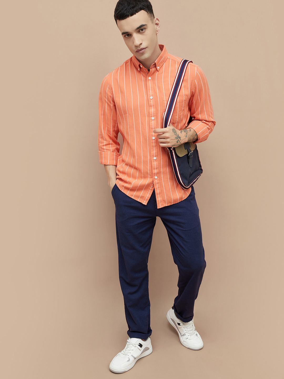 

Fame Forever by Lifestyle Men Button-Down Collar Vertical Striped Cotton Casual Shirt, Orange