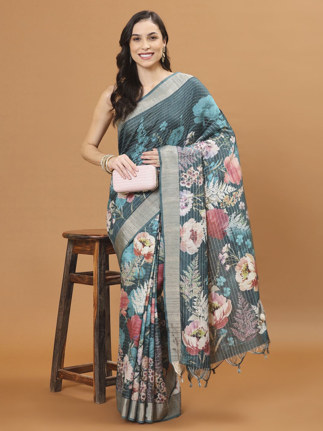 

Meena Bazaar Floral Zari Art Silk Saree, Blue
