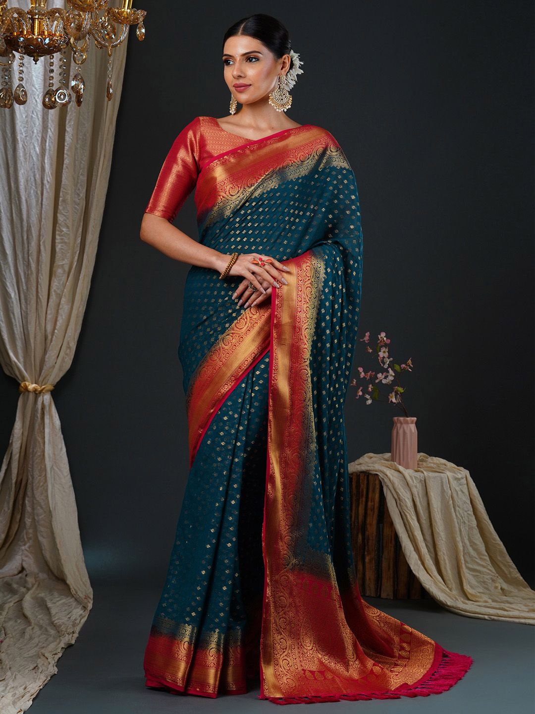 

Anouk Ethnic Motifs Zari Kanjeevaram Saree, Teal