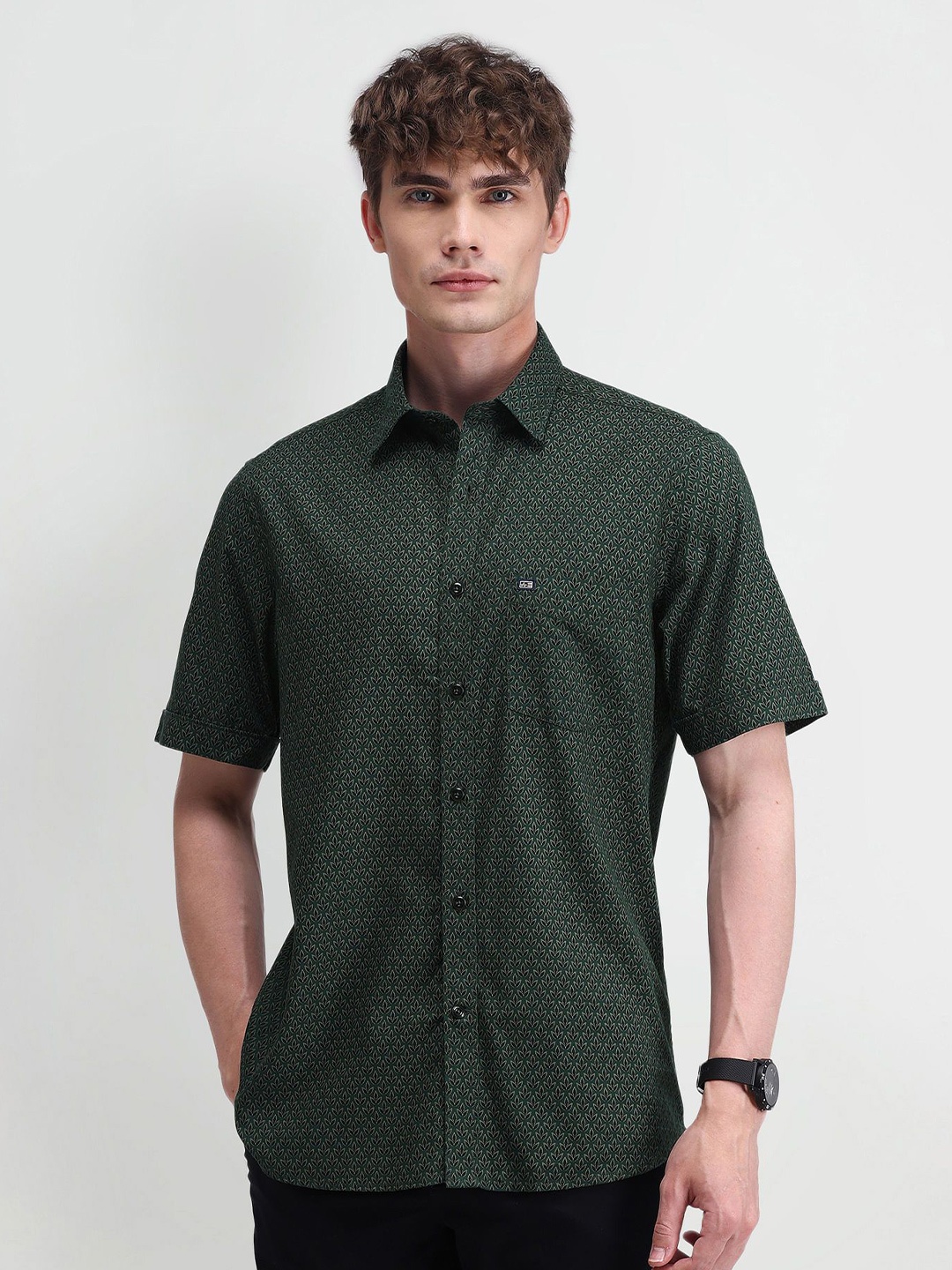 

Arrow Sport Men Classic Spread Collar Micro Ditsy Printed Cotton Casual Shirt, Olive