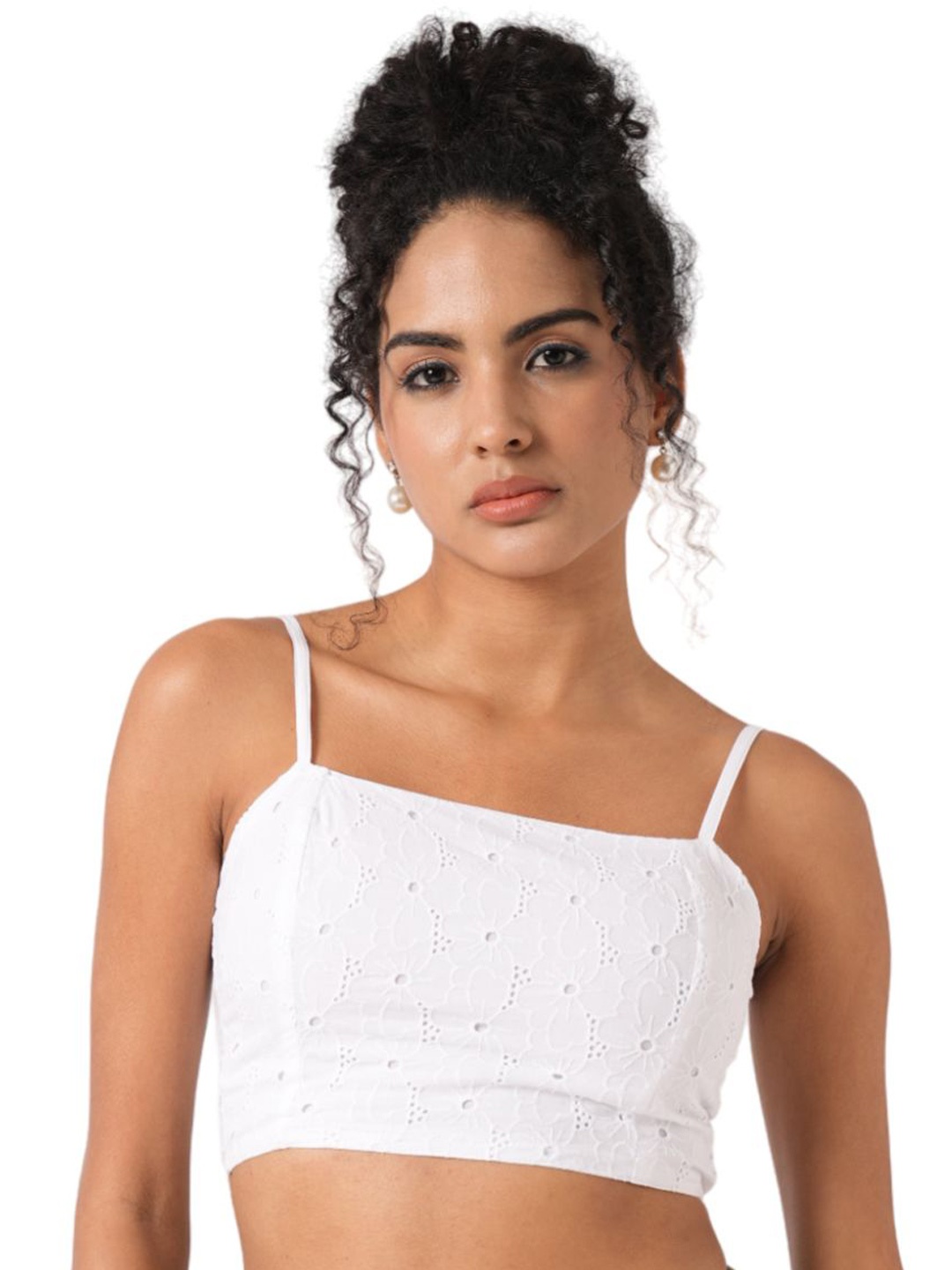 

Kraus Jeans Women Self Design Shoulder Straps Cotton Top, White