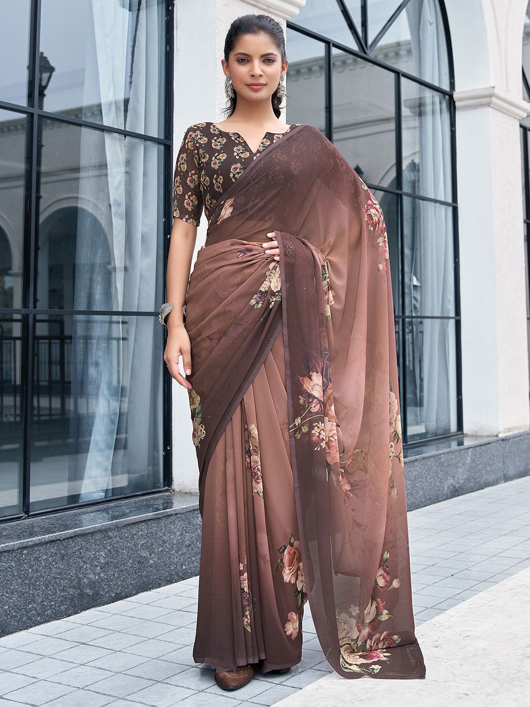 

Mitera Floral Pure Georgette Muga Saree, Brown