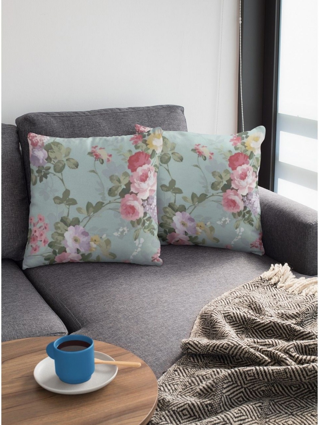 

THEYAYACAFE Blue & Green 2 Pieces Floral Velvet Square Cushion Covers