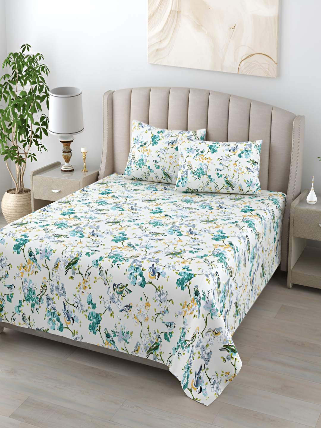 

Jinaya's Anokhi White & Blue Floral 210 TC Pure Cotton King Bedsheet With 2 Pillow Covers