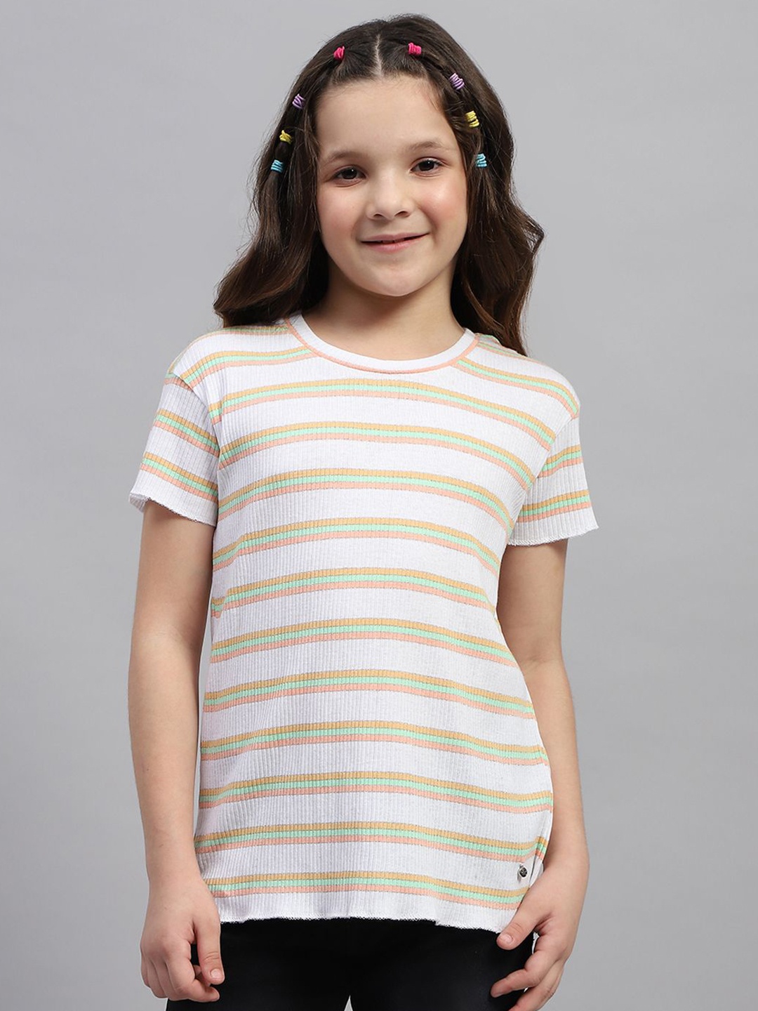 

Monte Carlo Girls Horizontal Striped Round Neck Top, Orange