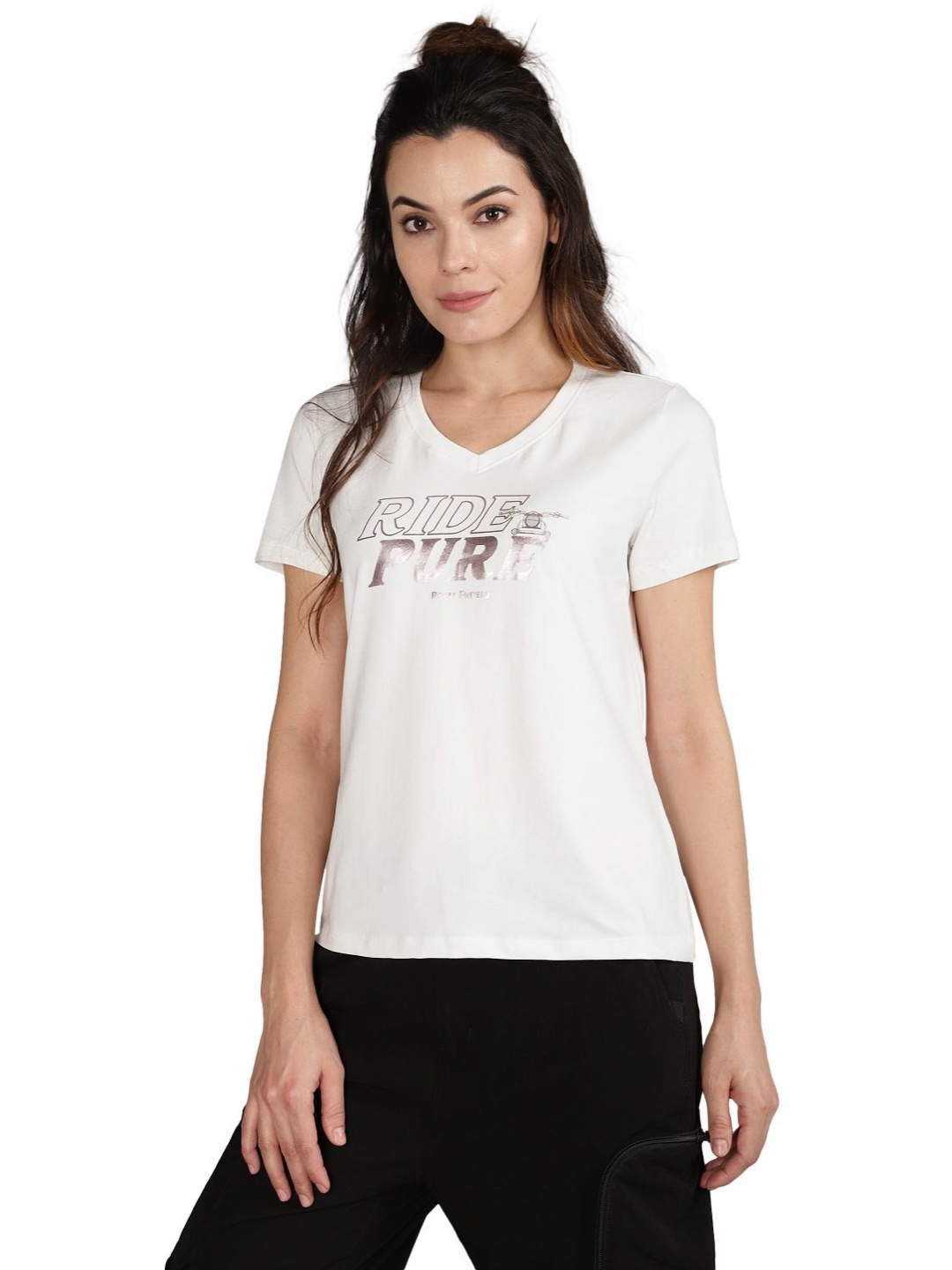 

Royal Enfield Women Typography Printed V-Neck Cotton T-shirt, White