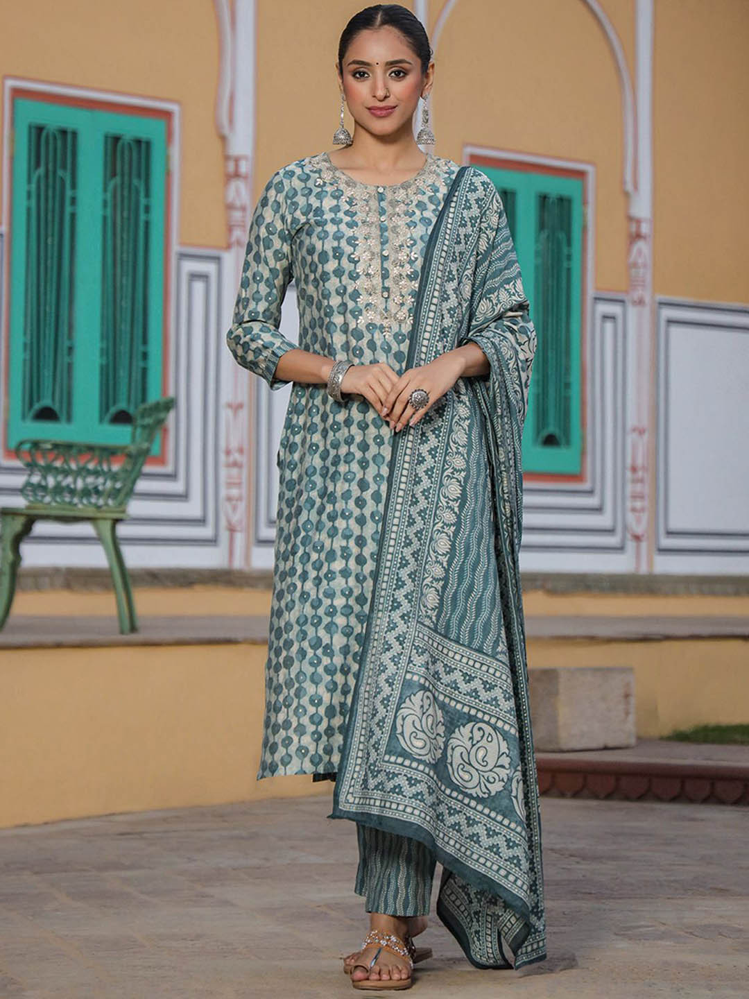 

KALINI Geometric Embroidered Round Neck Straight Kurta With Trousers & Dupatta, Green