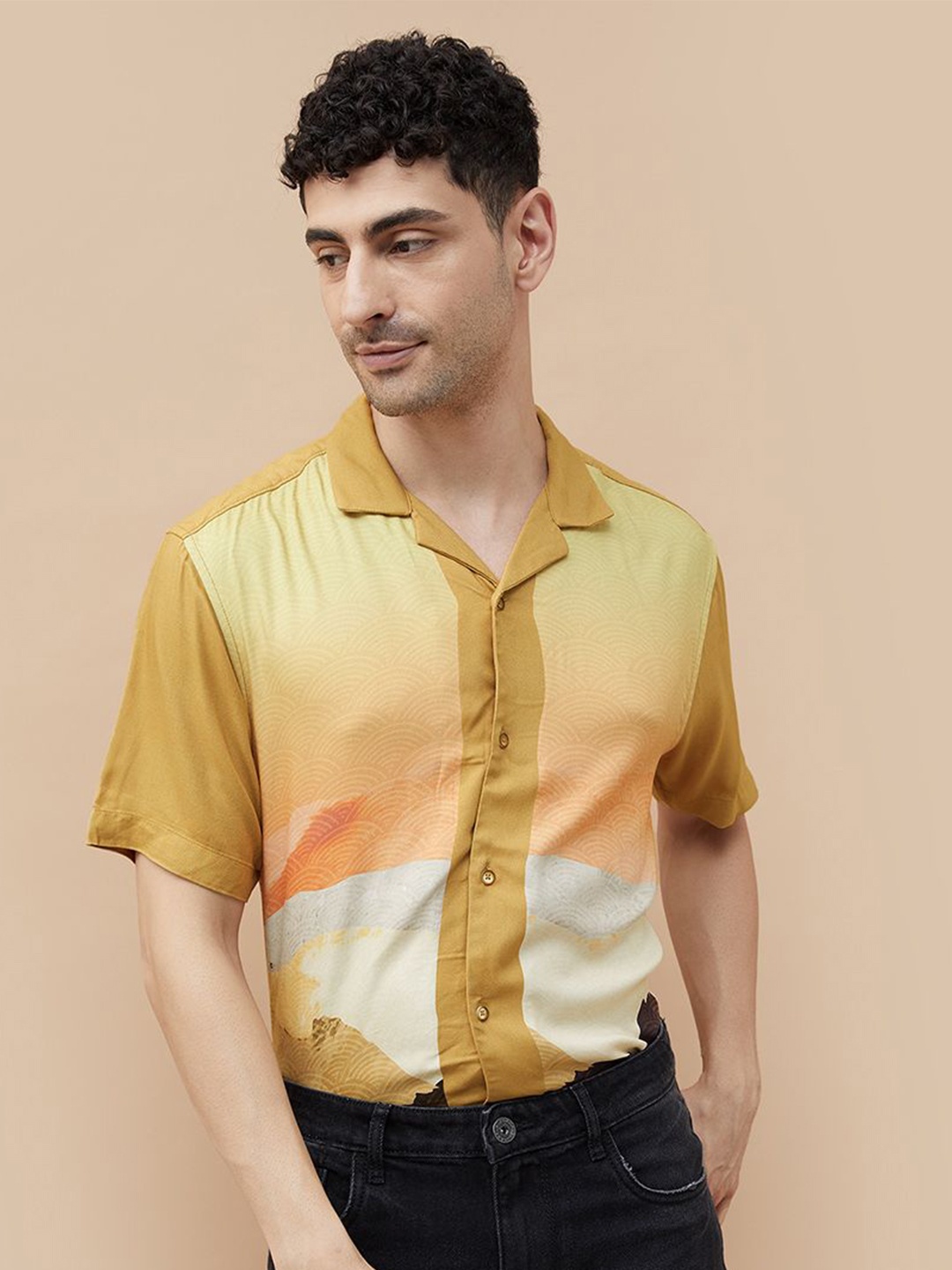 

CODE by Lifestyle Men Cuban Collar Abstract Printed Casual Shirt, Tan