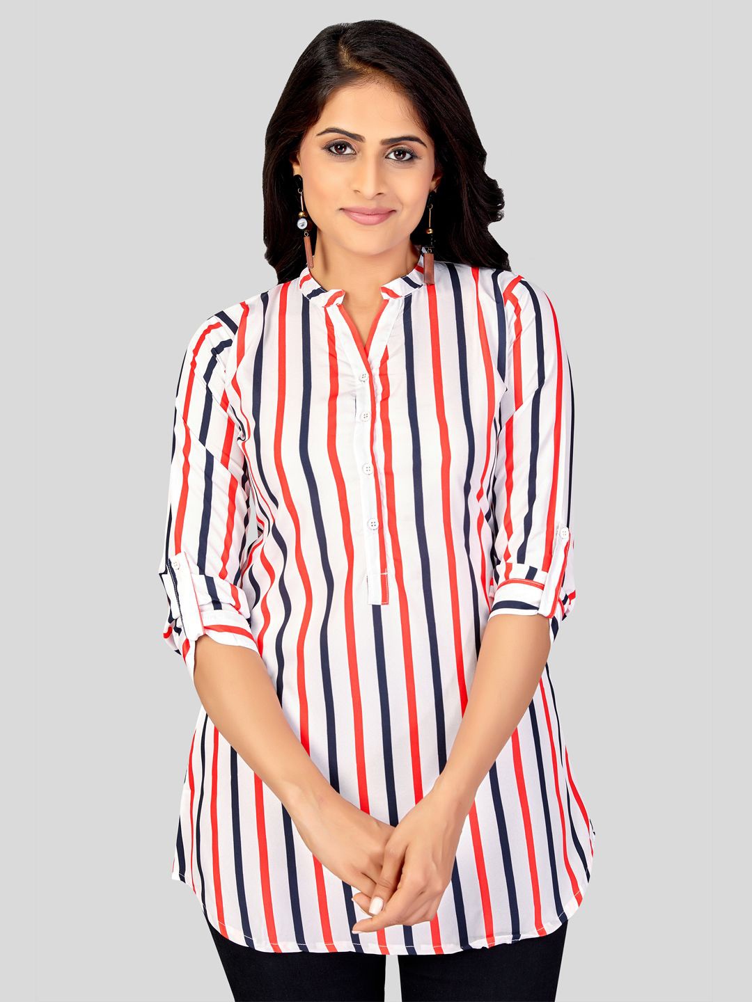 

Saree Swarg Women Mandarin Collar Striped Tunic, White