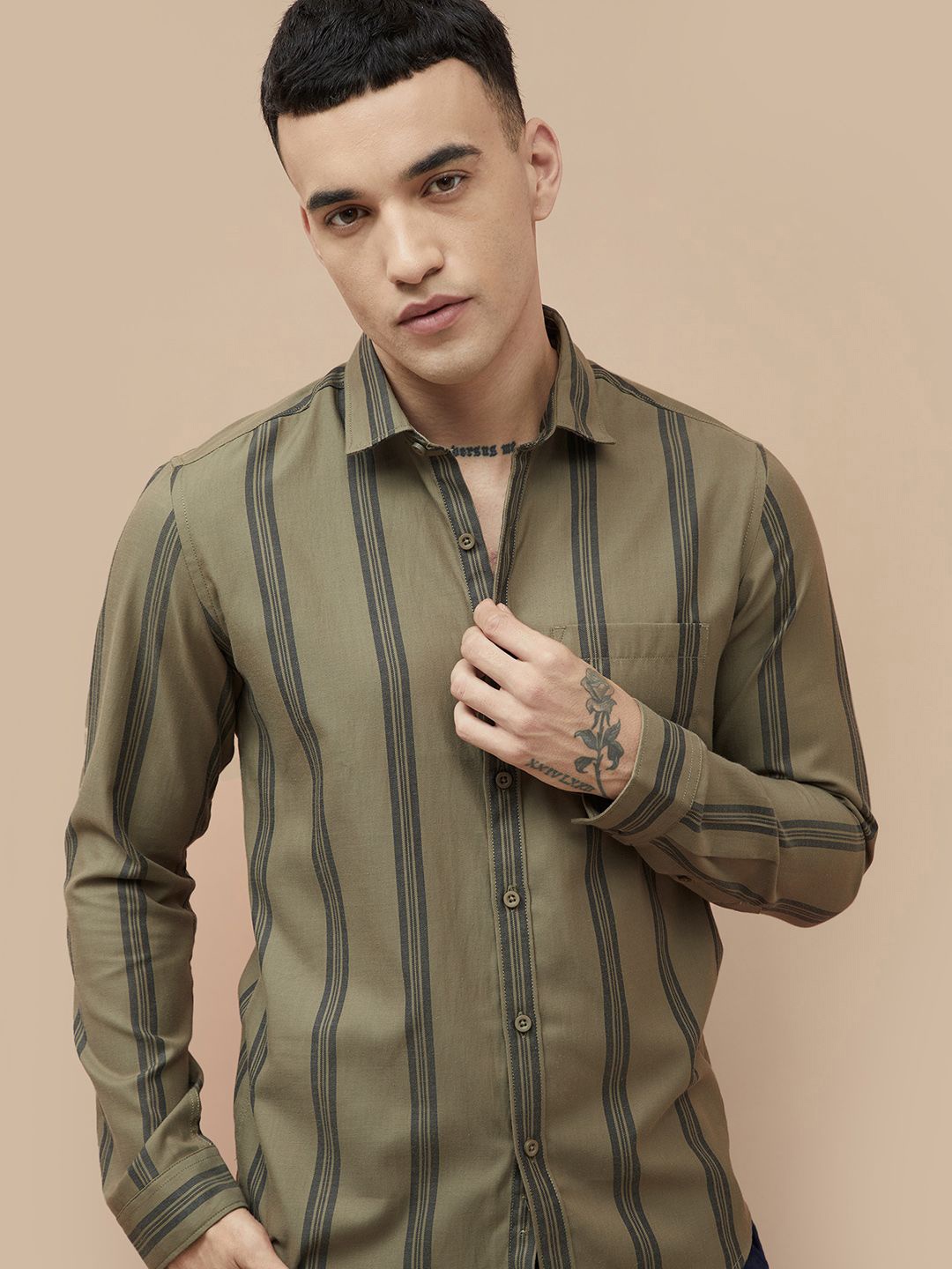 

Fame Forever by Lifestyle Men Spread Collar Vertical Striped Cotton Casual Shirt, Olive