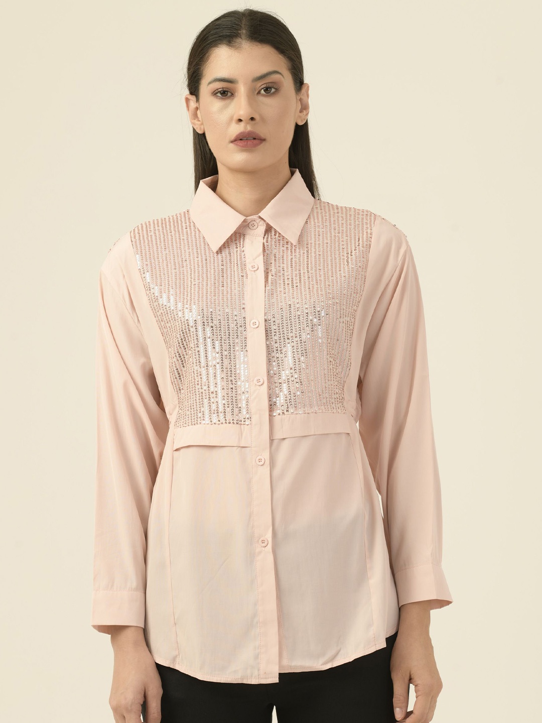 

Albion By CnM Women Spread Collar Solid Polycotton Casual Shirt, Peach