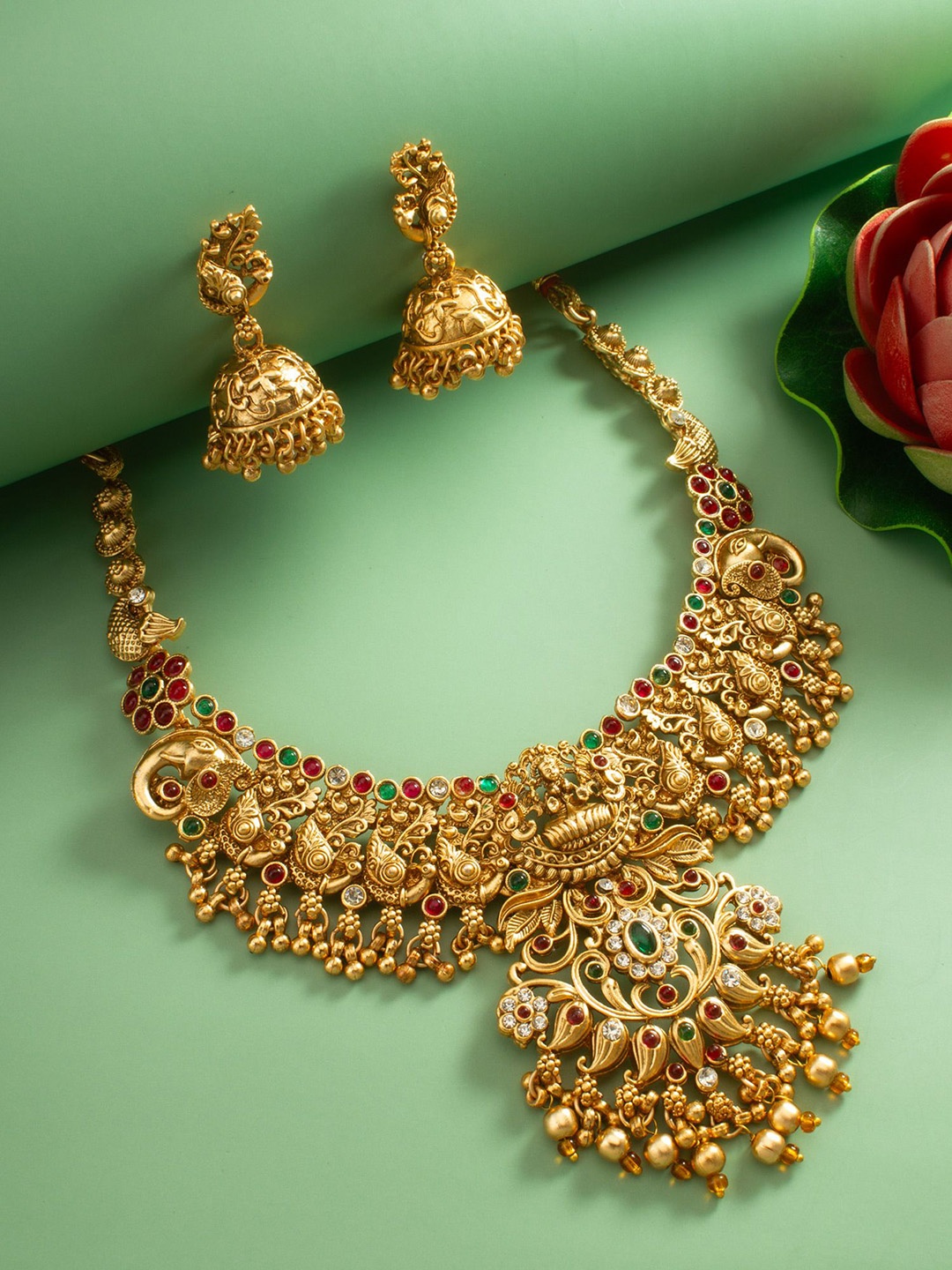 

aadita Stone Studded & Beaded Temple Necklace and Earrings, Gold