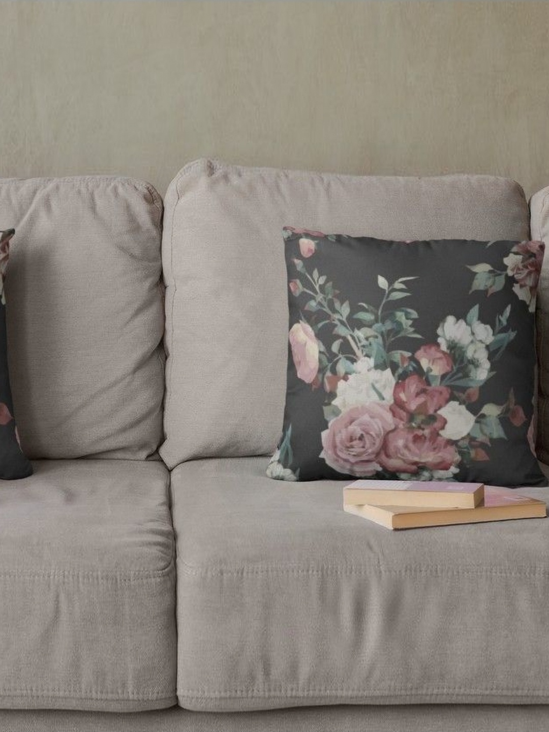 

THEYAYACAFE Grey & Pink 2 Pieces Floral Printed Velvet Square Cushion Covers