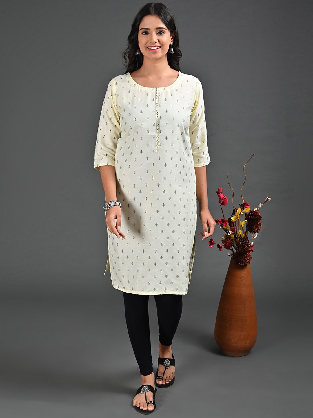 

GOLDSTROMS Ethnic Motifs Printed Round Neck Straight Kurta, Yellow