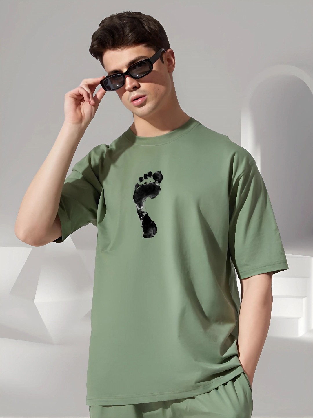 

Elibolz Men Graphic Printed Round Neck Cotton Oversized T-shirt, Green