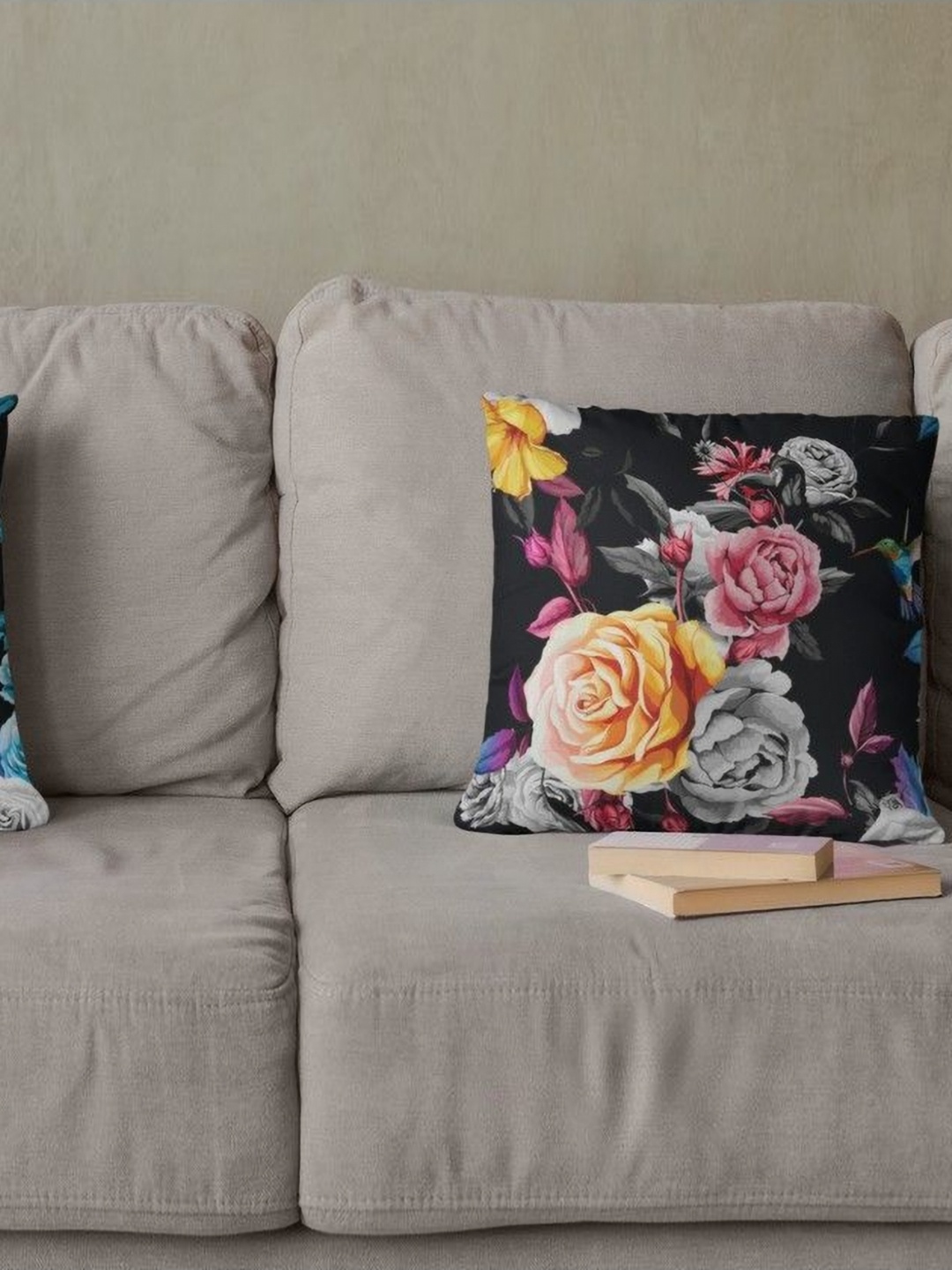 

THEYAYACAFE Black & Yellow 2 Pieces Floral Printed Velvet Square Cushion Covers