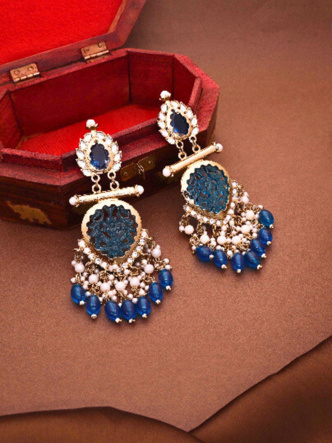 

Anouk Gold-Plated Teardrop Shaped Kundan Studded Drop Earrings