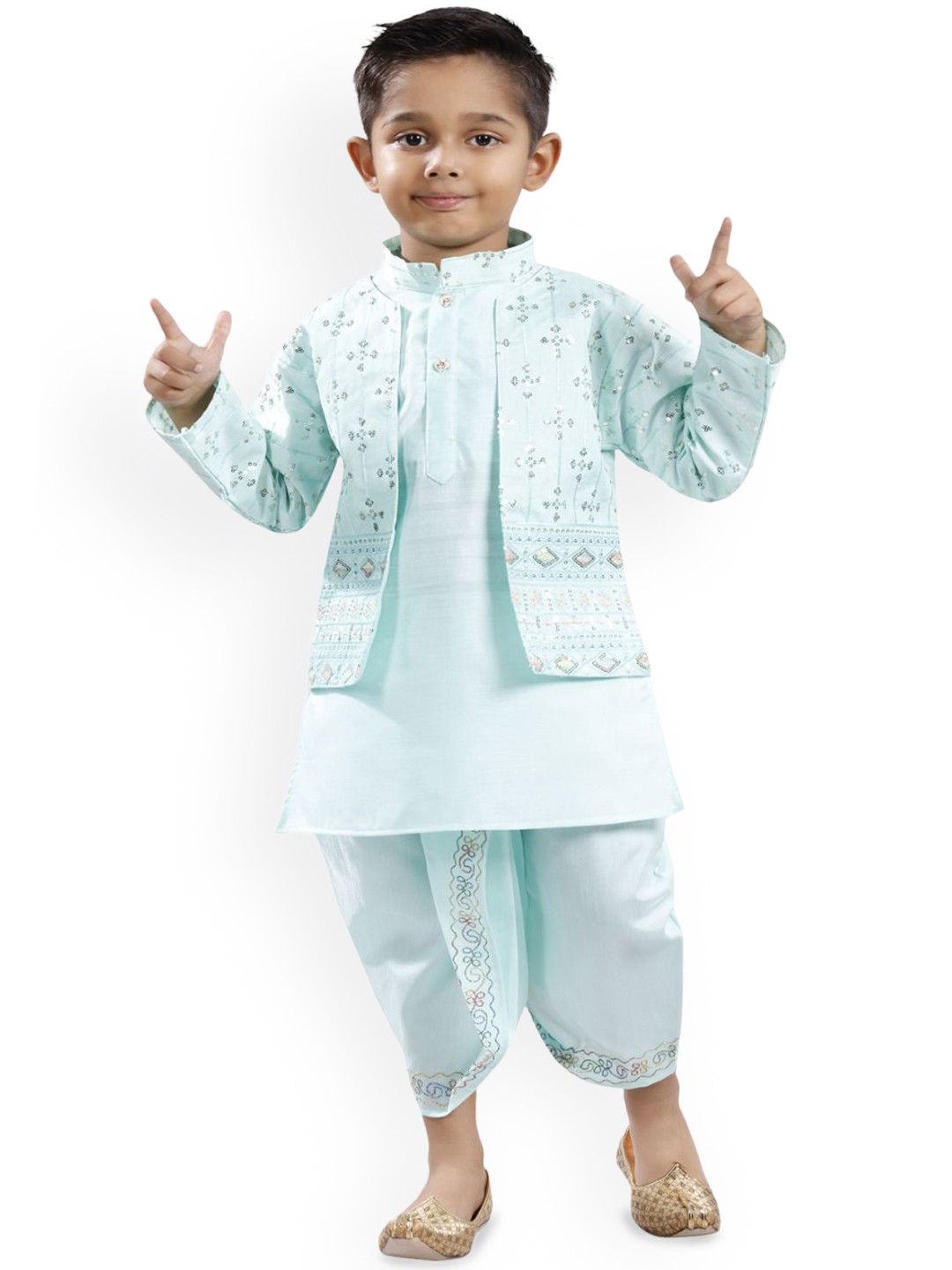 

BAESD Boys Ethnic Motifs Embroidered Mandarin Collar Straight Kurta With Dhoti Pants, Teal