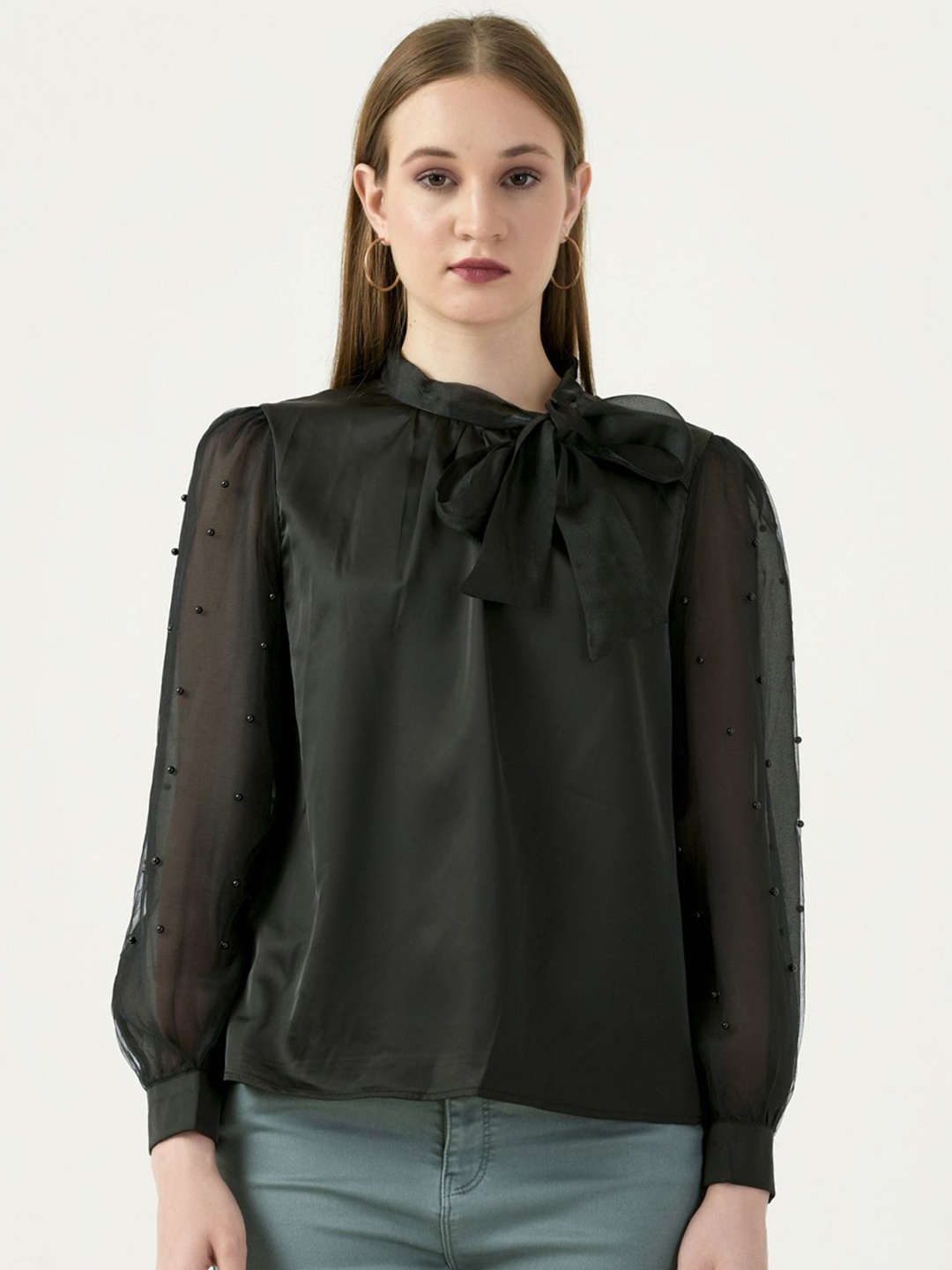 

Albion By CnM Women Solid Tie-Up Neck Top, Black