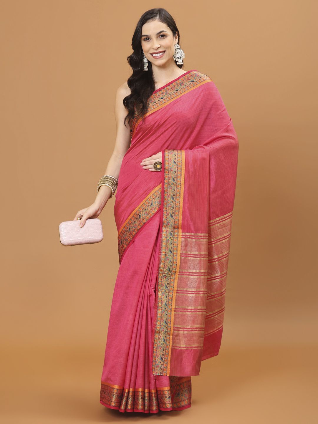 

Meena Bazaar Pink Solid Art Silk Handloom Saree