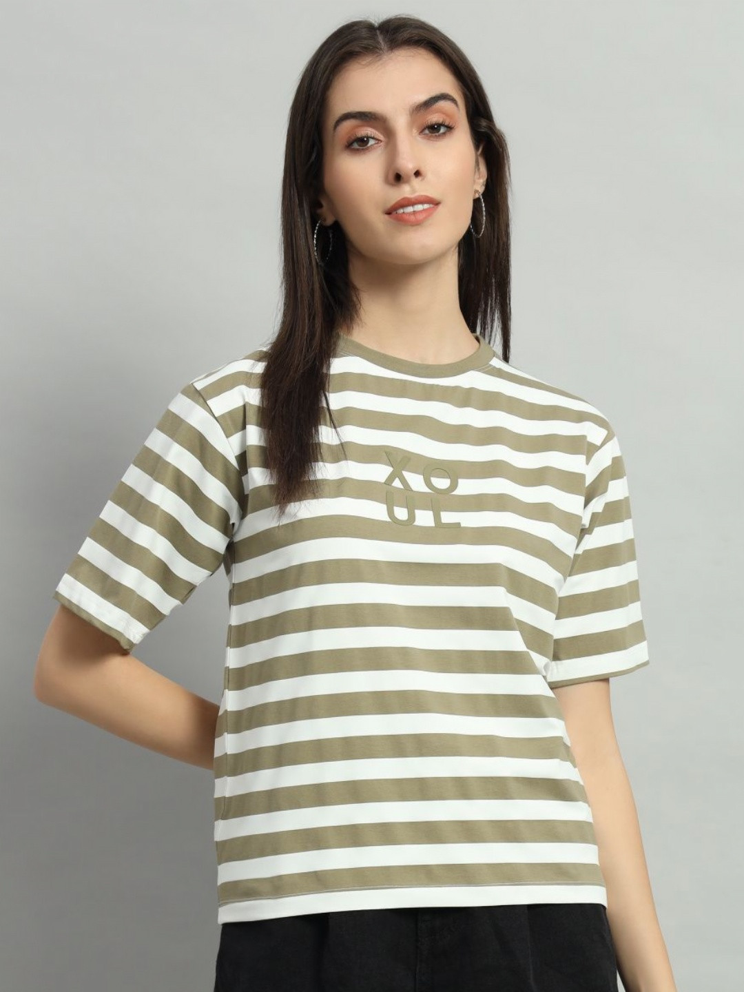 

AECK Women Striped Round Neck Cotton Relaxed Fit T-shirt, Green