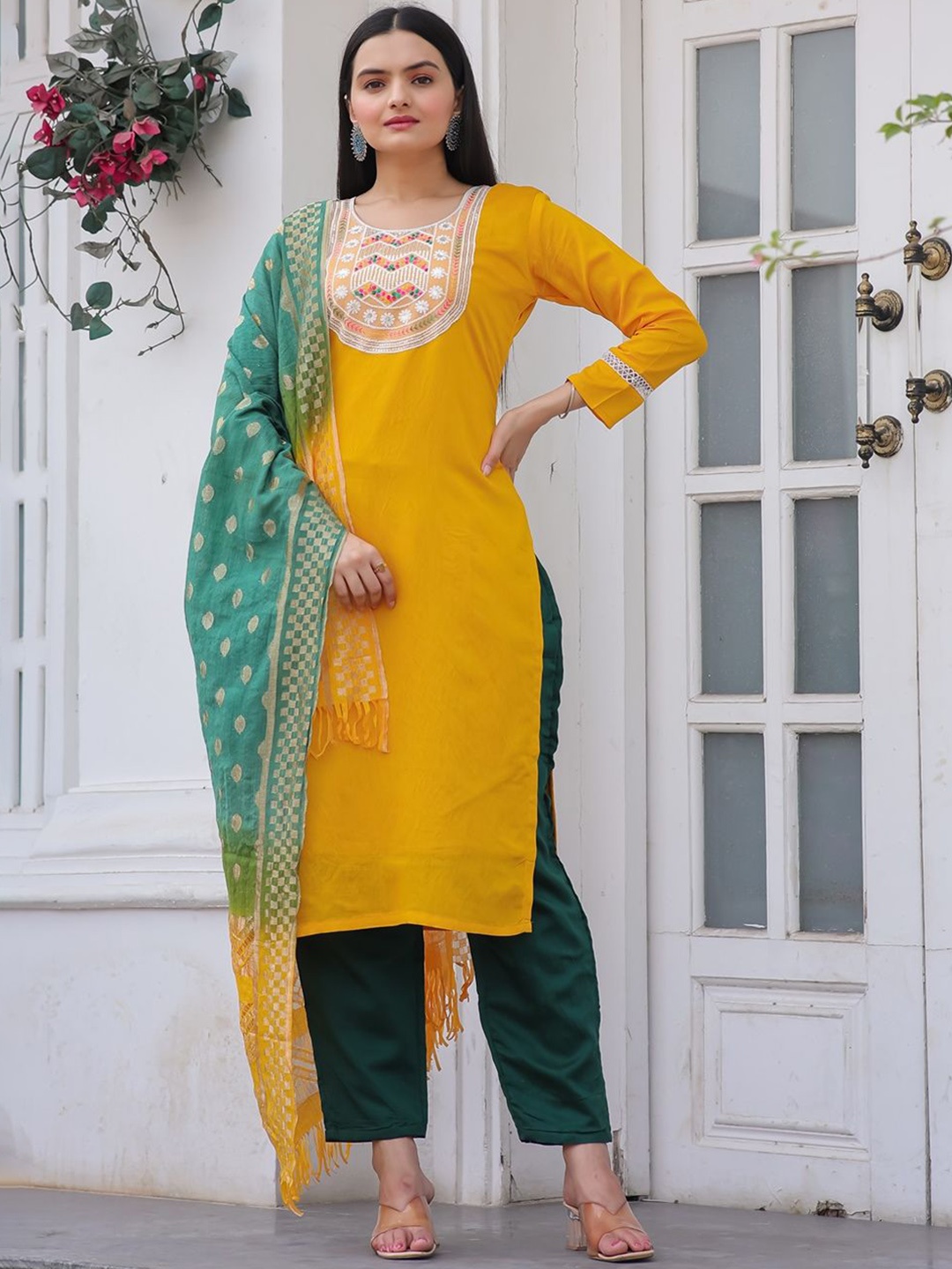 

KALINI Geometric Yoke Design Kurta With Trousers & Dupatta, Yellow