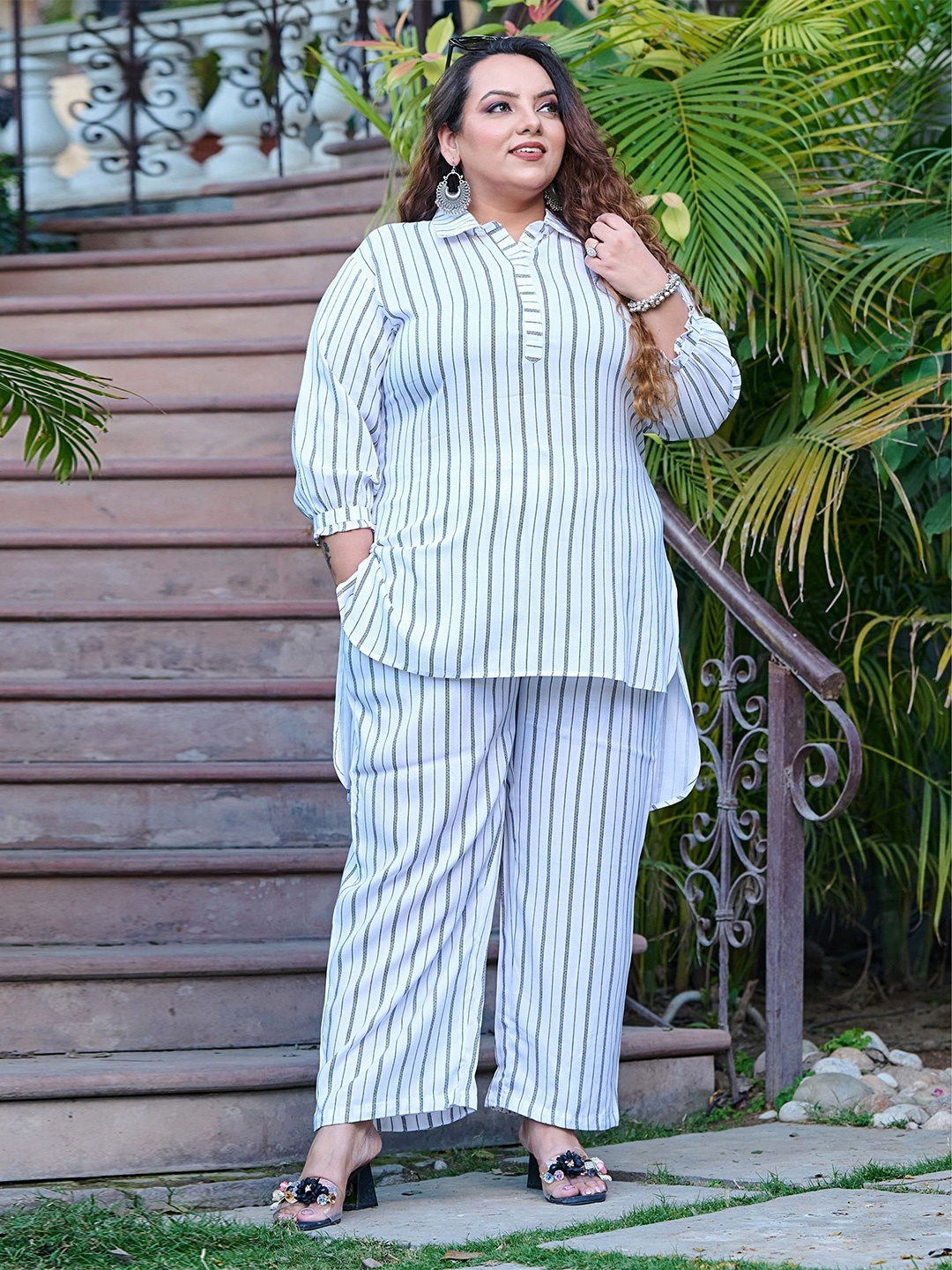 

PrettyPlus by Desinoor.com Plus Size Striped Shirt Collar High Low Top With Trousers, White