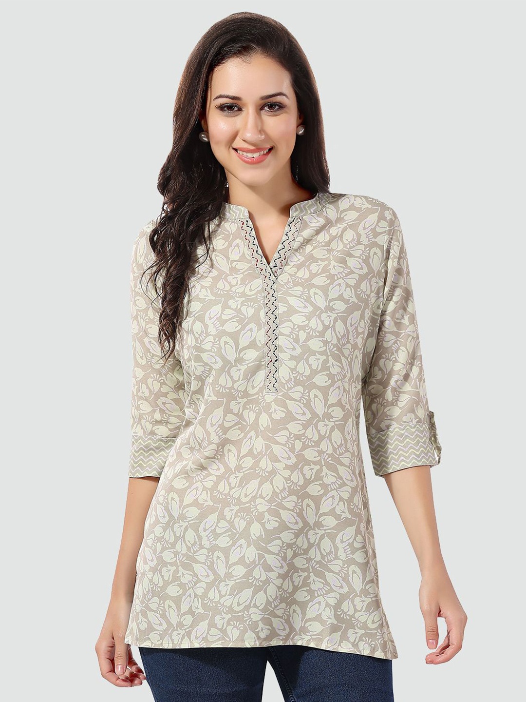 

Saree Swarg Mandarin Collar Printed Tunic, Grey