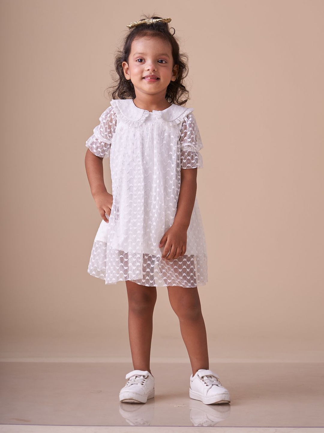 

KidsDew Solid Puff Sleeve Net A-Line Dress, White