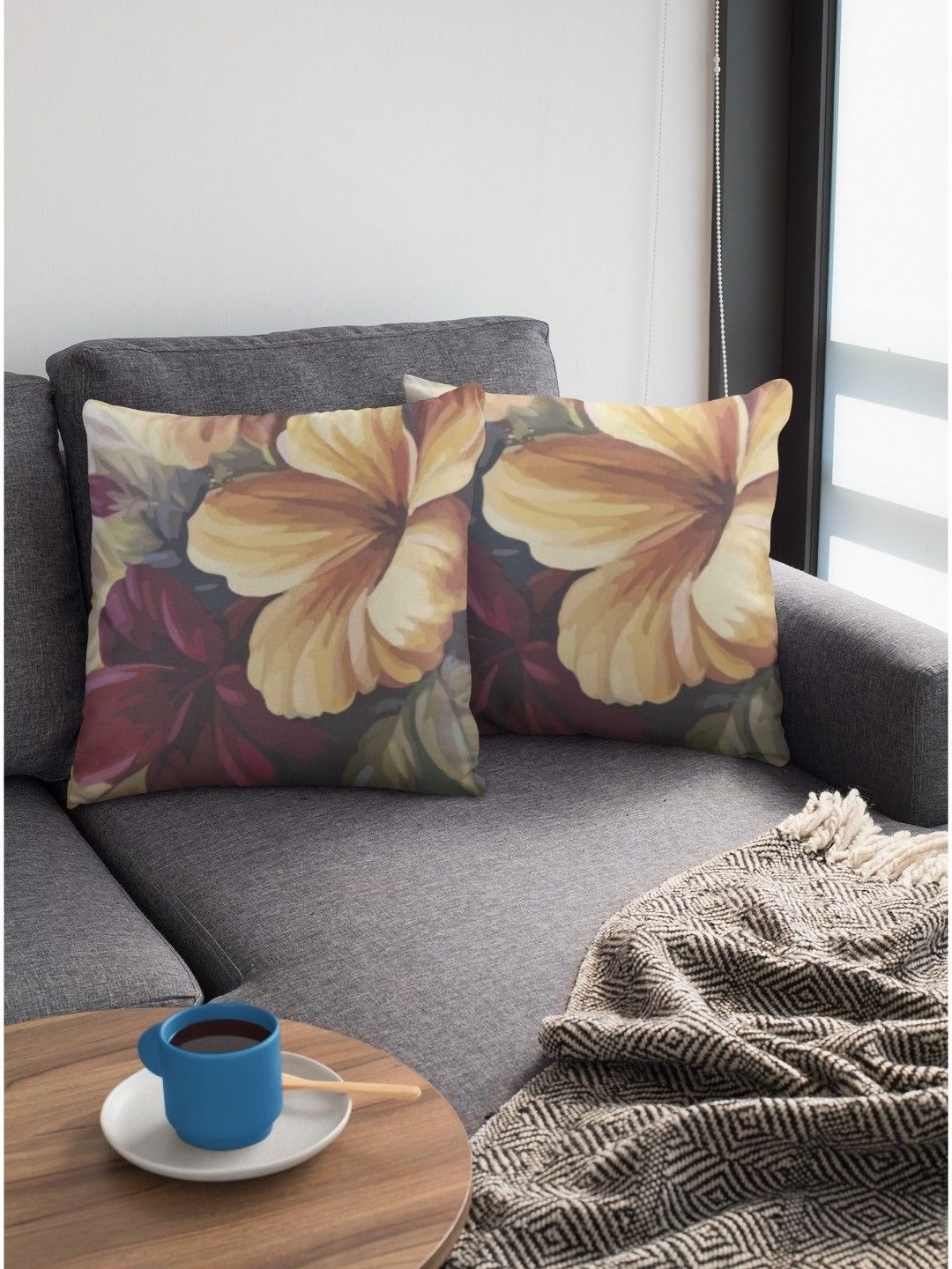 

THEYAYACAFE Yellow & Red 2 Pieces Floral Velvet Square Cushion Covers
