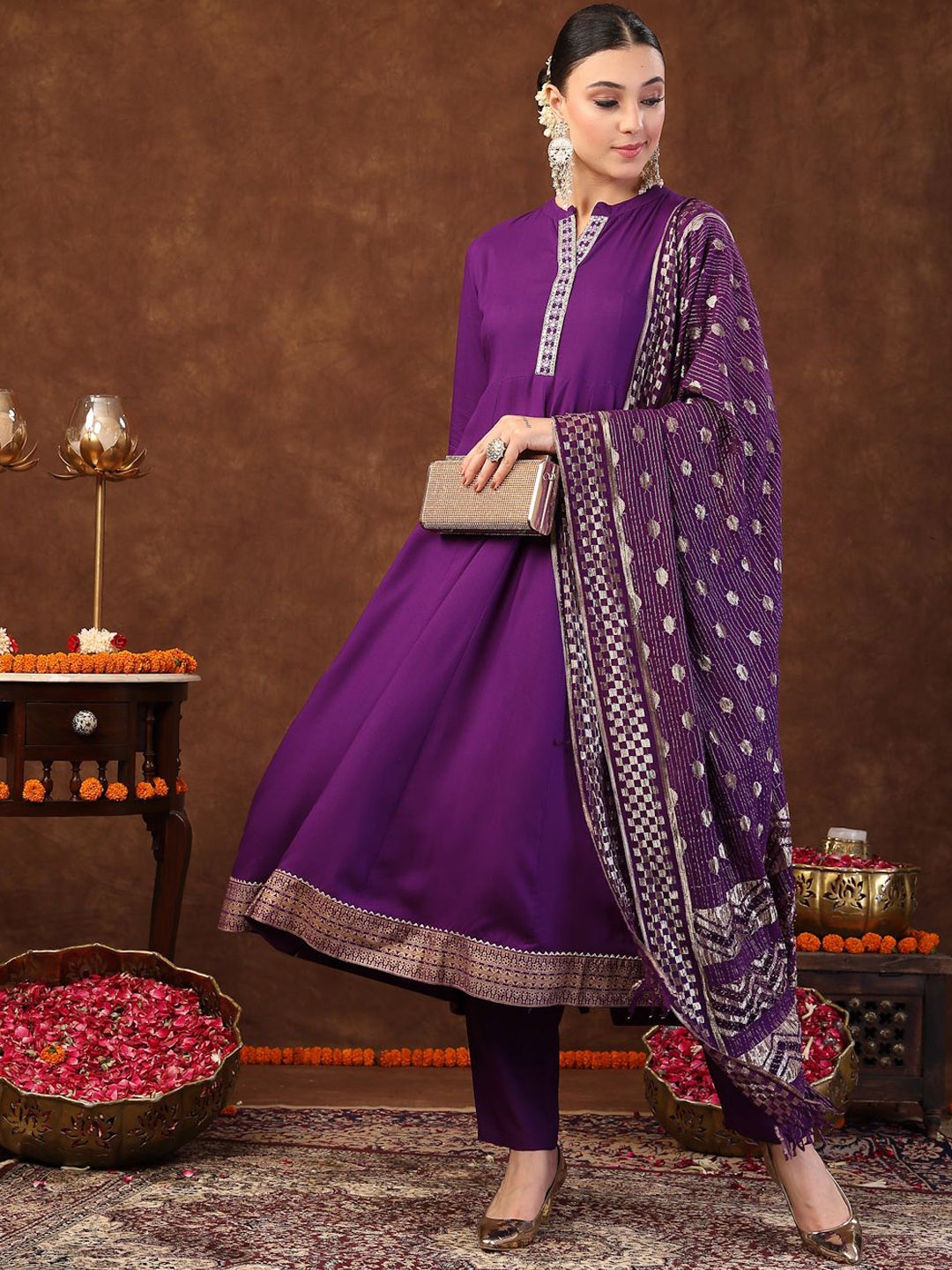 

Stylum Violet & Gold Toned Printed Anarkali Kurta & Trousers With Dupatta