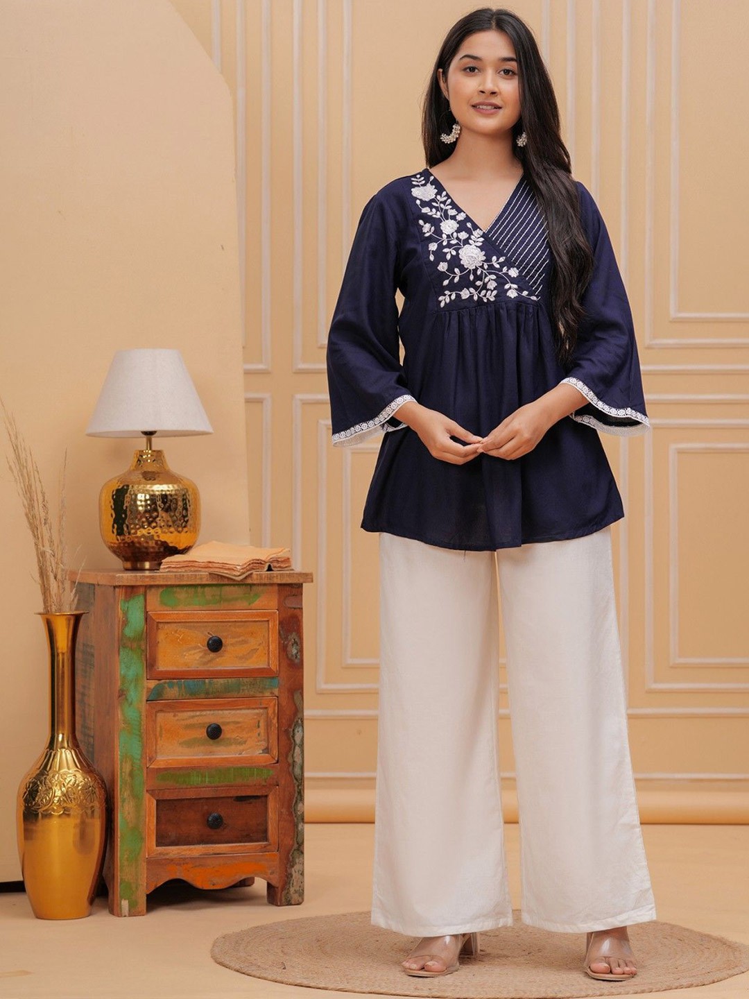

KANIKA CREATION Women Floral Embroidered V-Neck Top, Navy blue