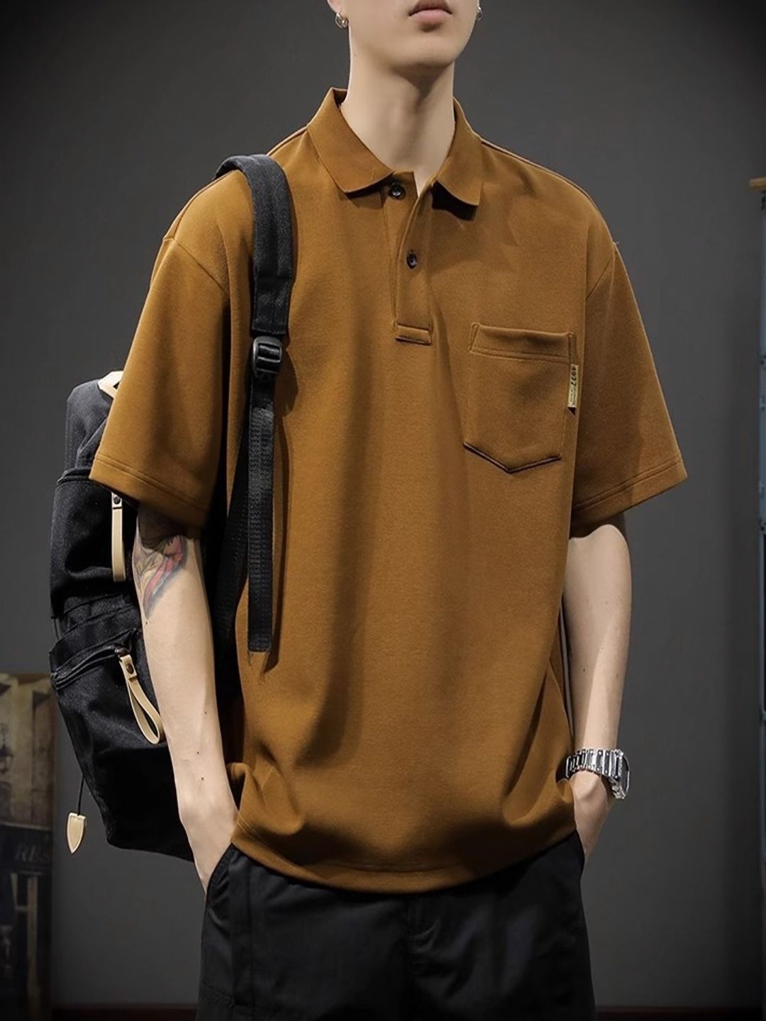 

StyleCast Men Cotton Polo Collar Pockets T-shirt, Brown