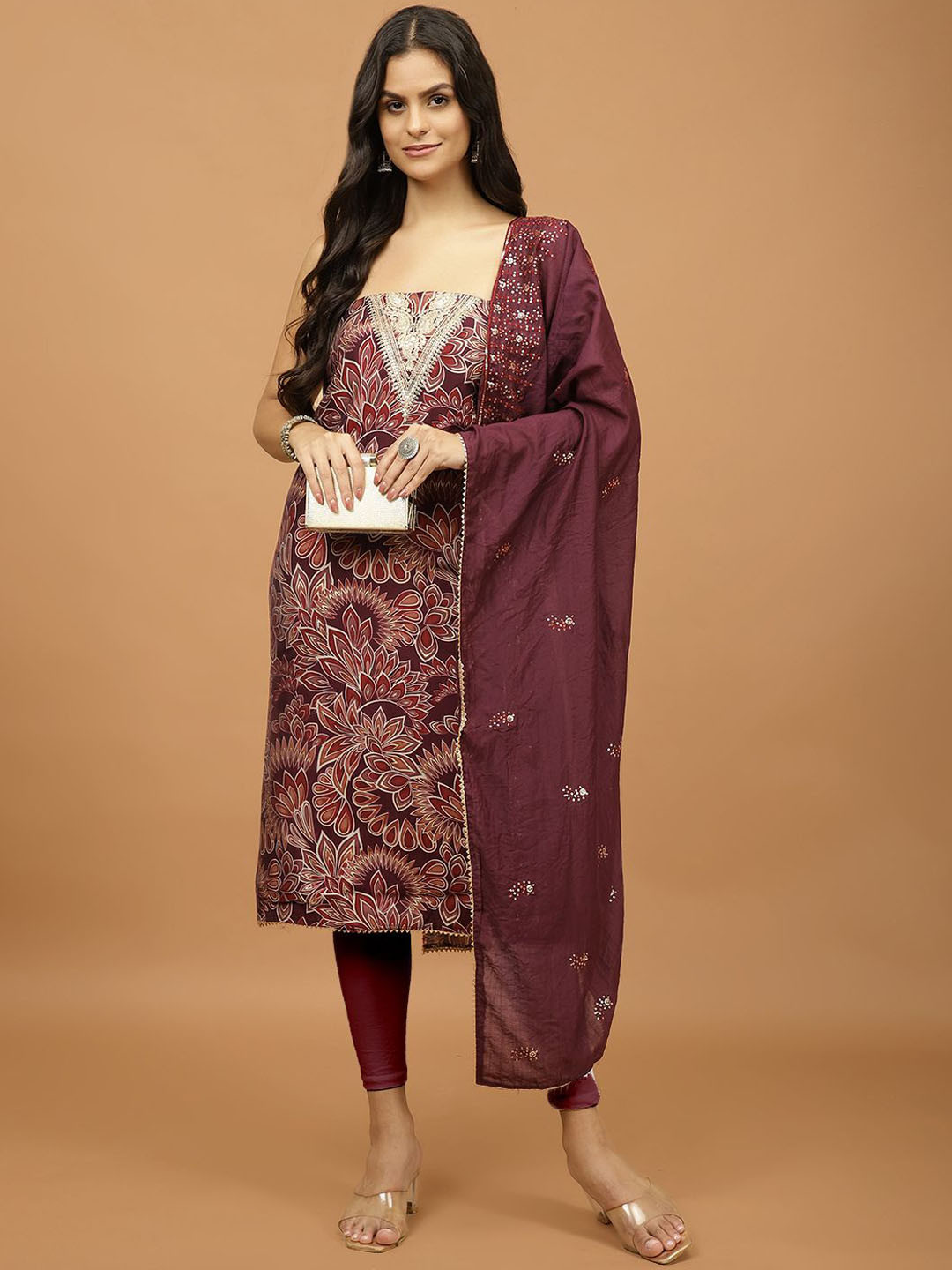 

Meena Bazaar Printed Unstitched Dress Material, Burgundy