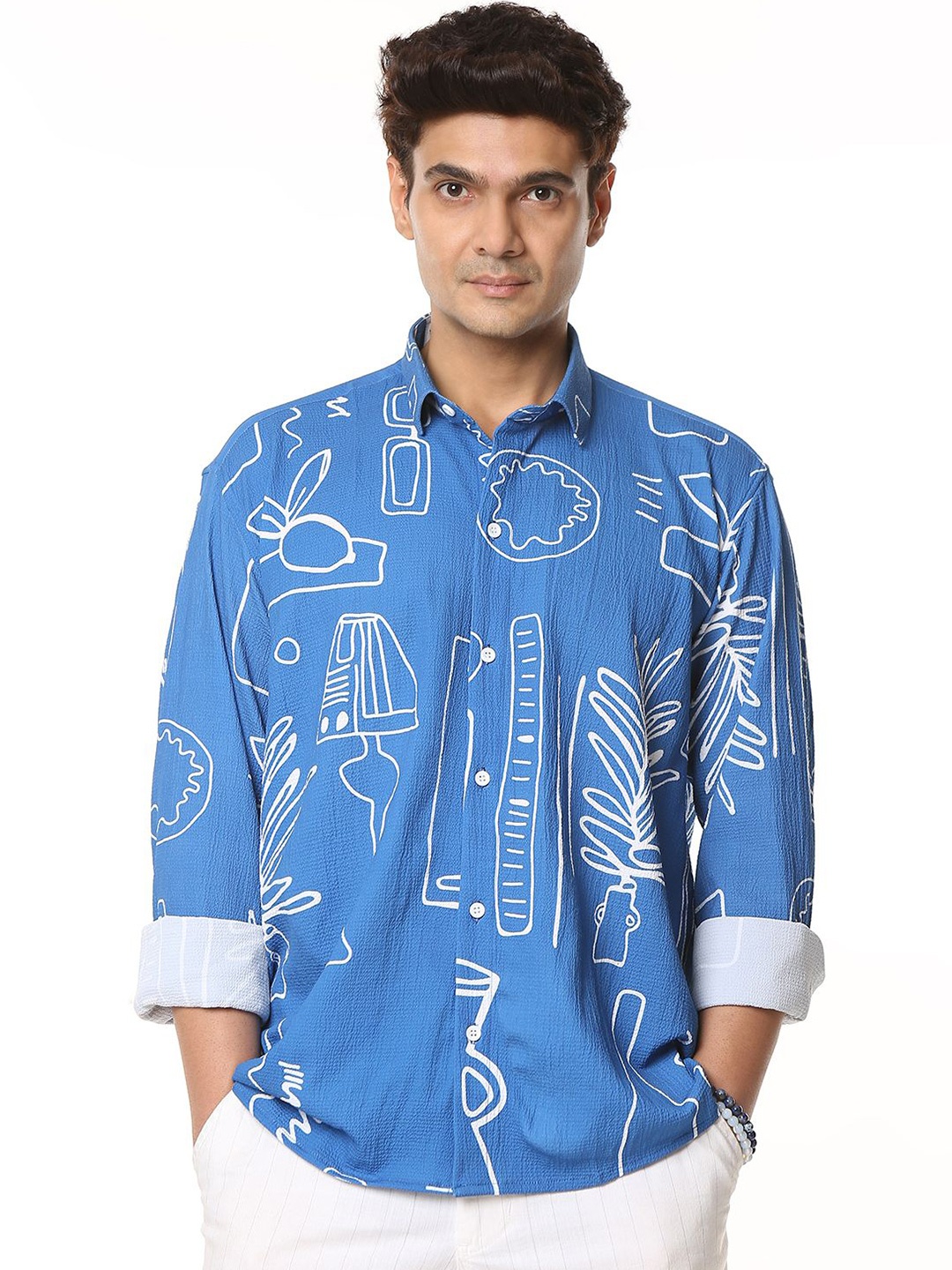 

Studd Muffyn Men Spread Collar Relaxed Printed Shirt, Blue