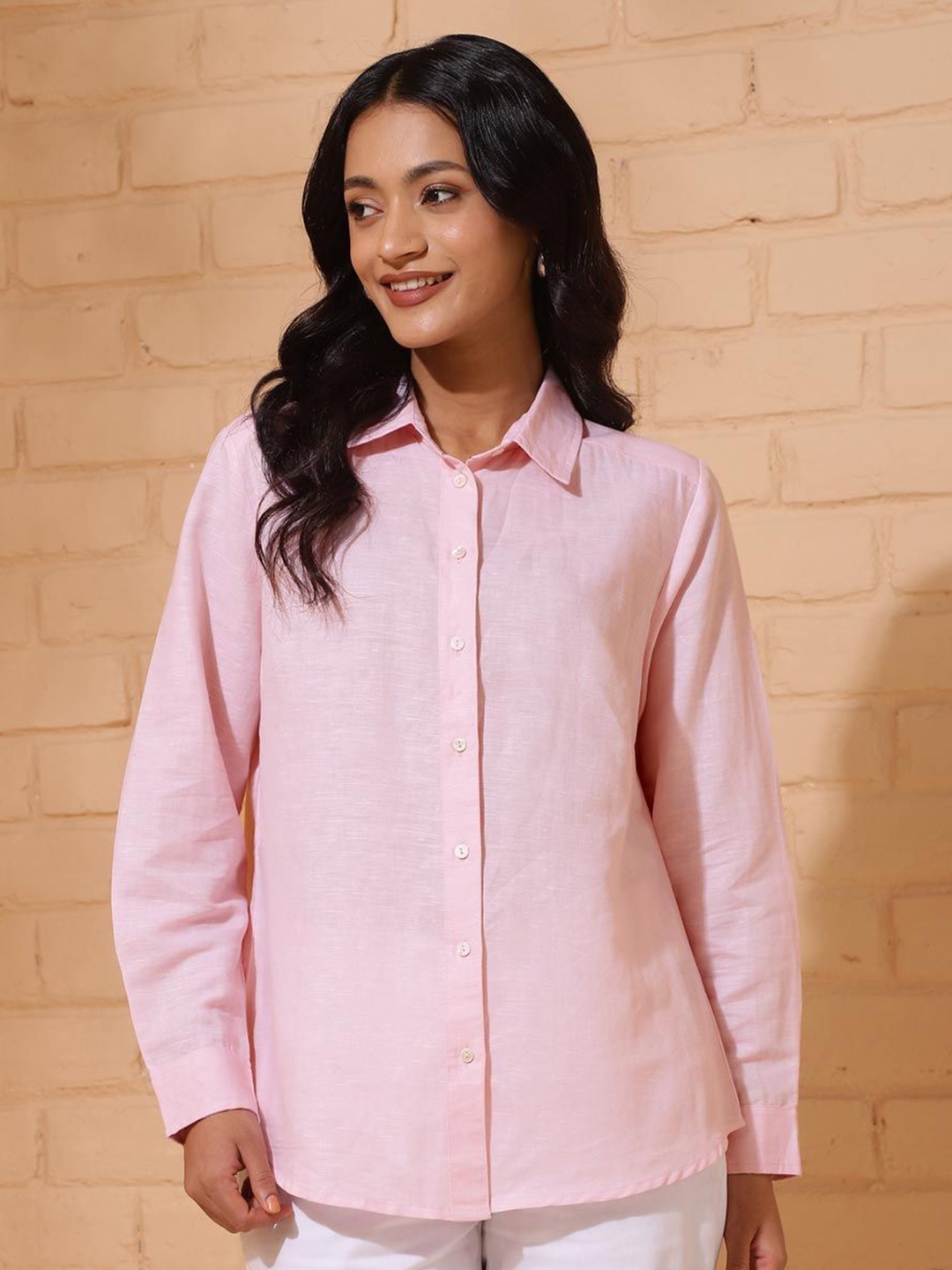 

Fabindia Women Spread Collar Solid Linen Party Shirt, Pink